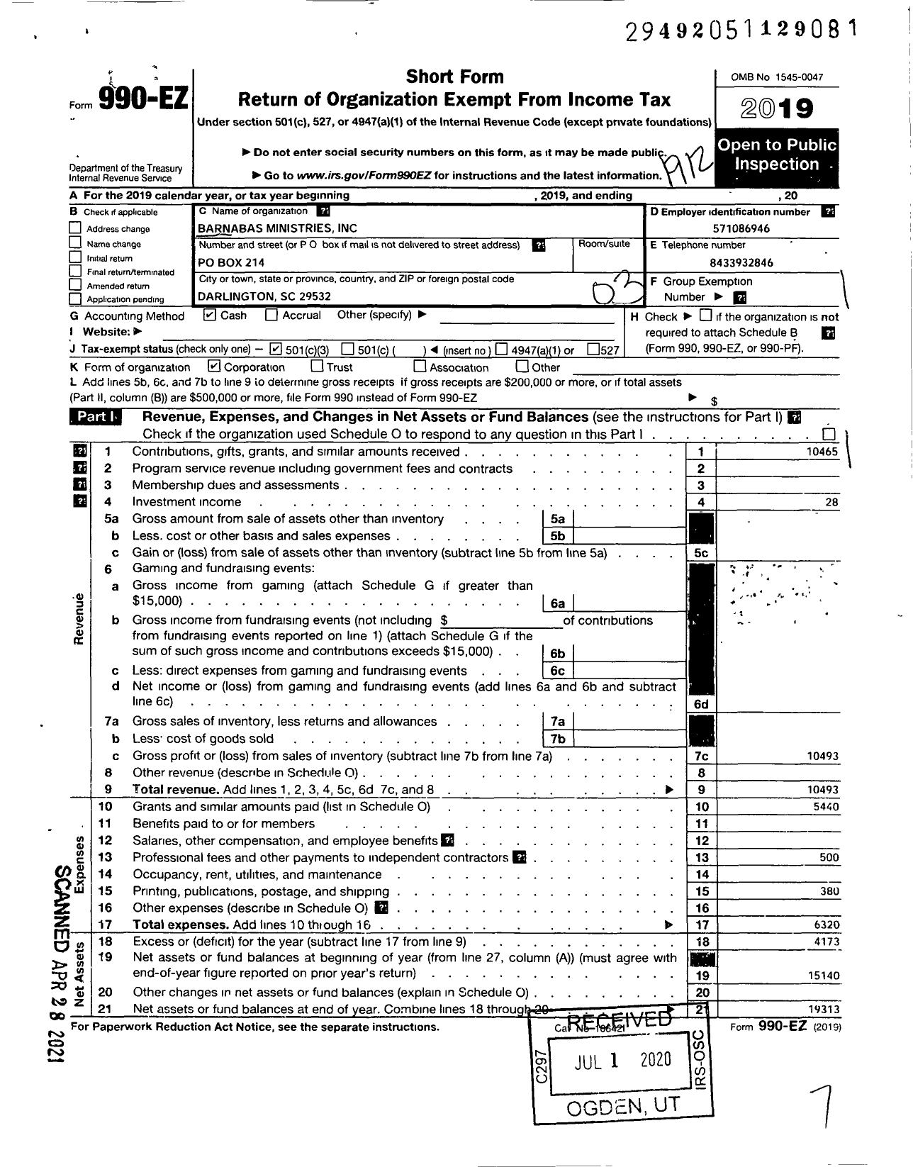 Image of first page of 2019 Form 990EZ for Barnabas Ministries