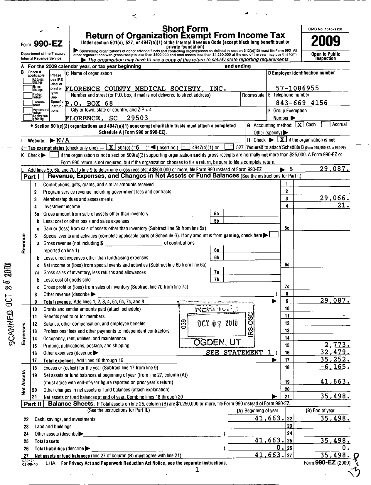 Image of first page of 2009 Form 990EO for Florence County Medical Society