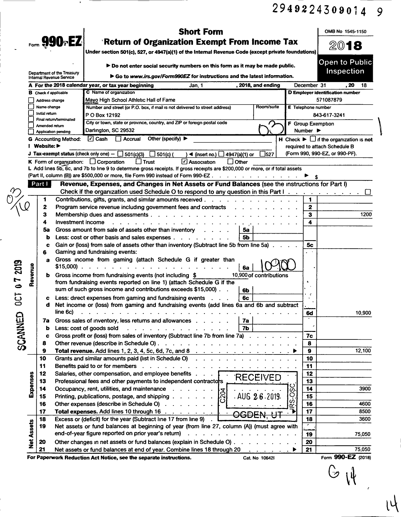 Image of first page of 2018 Form 990EZ for Mayo High School Atheletic Hall of Fame