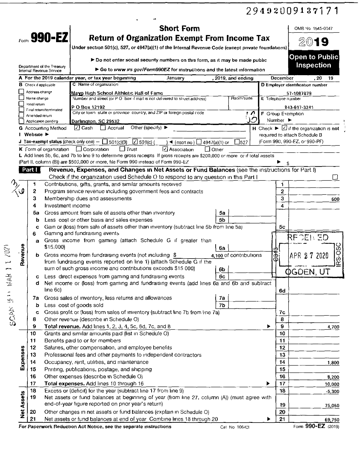 Image of first page of 2019 Form 990EZ for Mayo High School Atheletic Hall of Fame