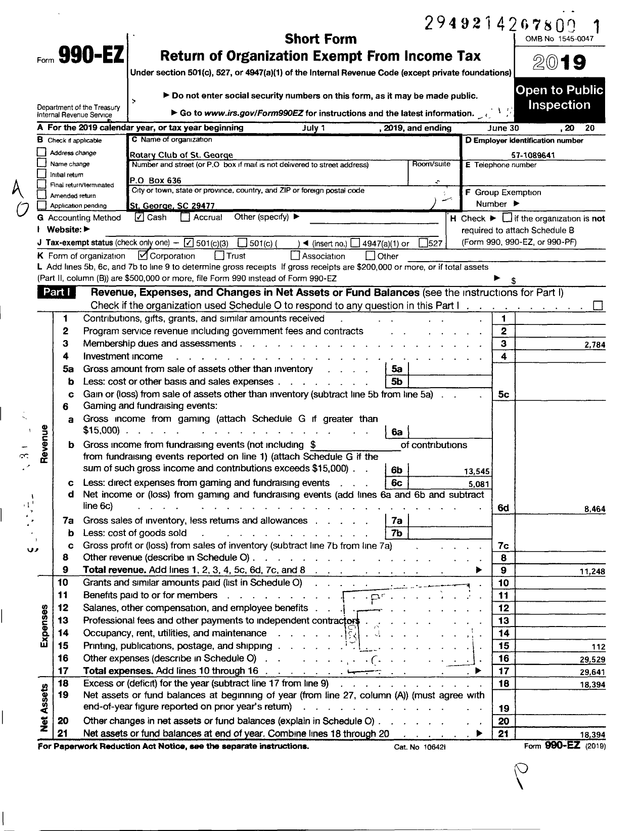 Image of first page of 2019 Form 990EO for Rotary Club of St George