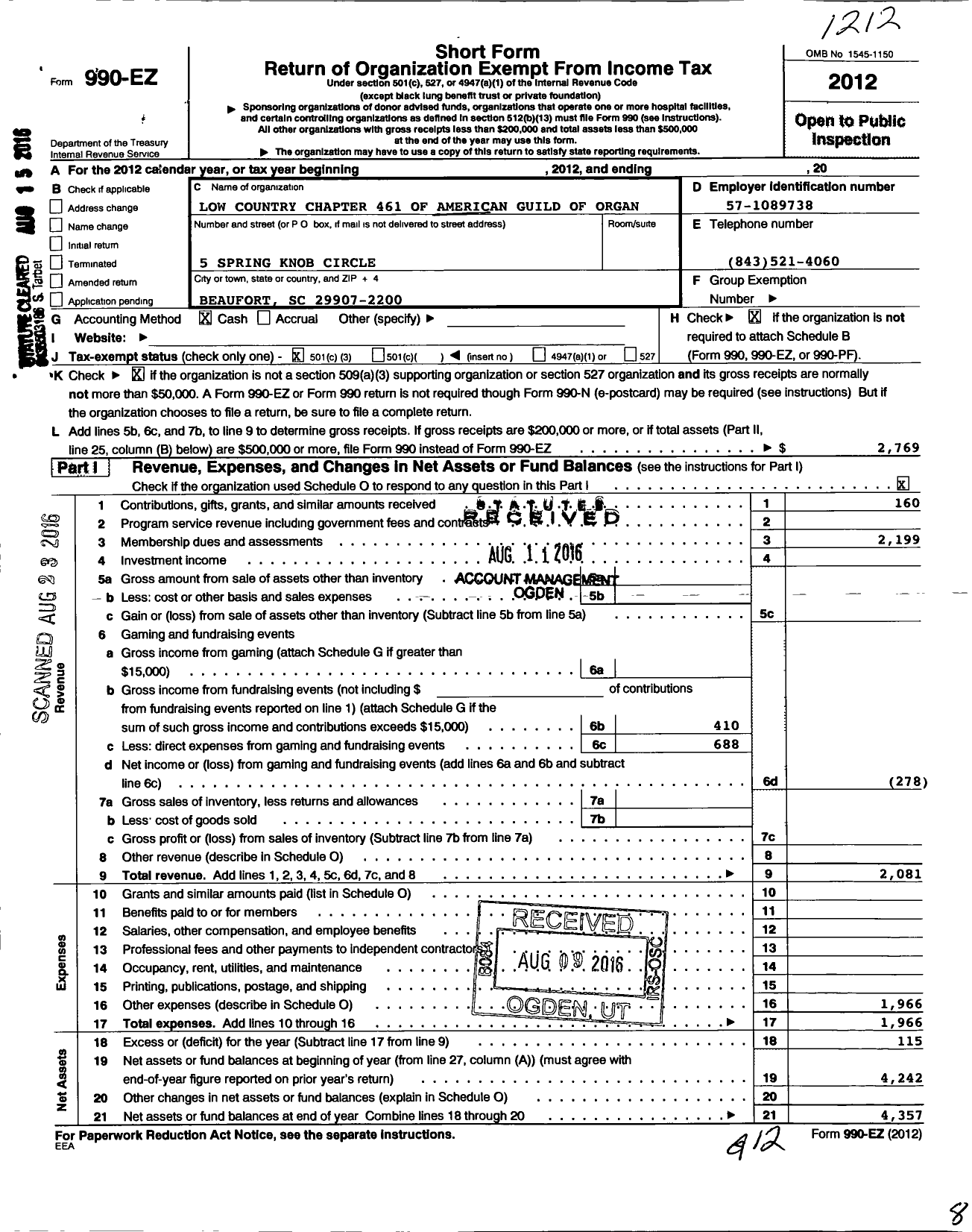 Image of first page of 2012 Form 990EZ for American Guild of Organists - 461 Low Country Chapter