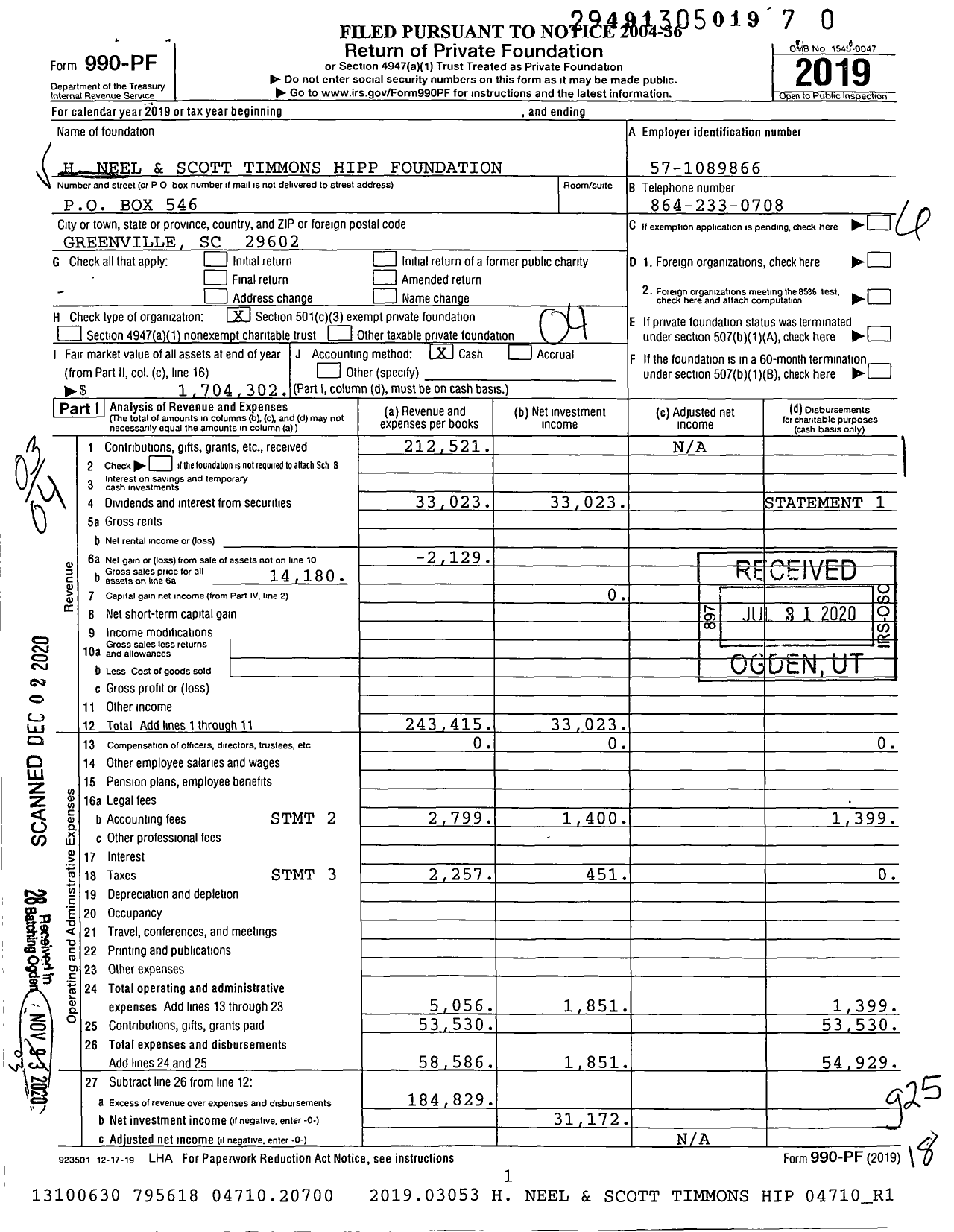 Image of first page of 2019 Form 990PF for The H Neel Hipp and Scott Timmons Hipp Foundation