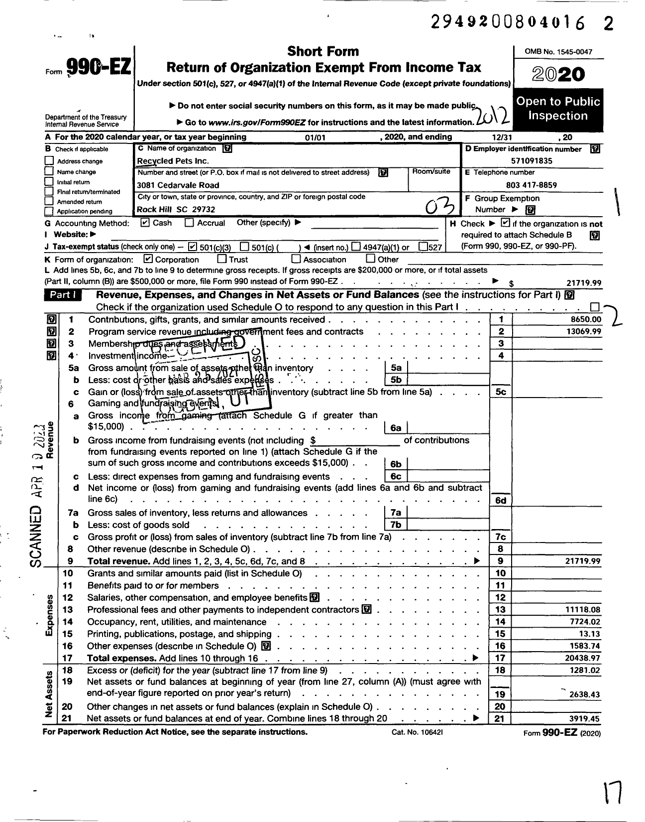 Image of first page of 2020 Form 990EZ for Recycled Pets