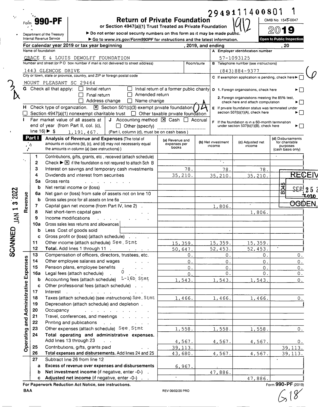 Image of first page of 2019 Form 990PF for Grace E and Louis Dewolff Foundation