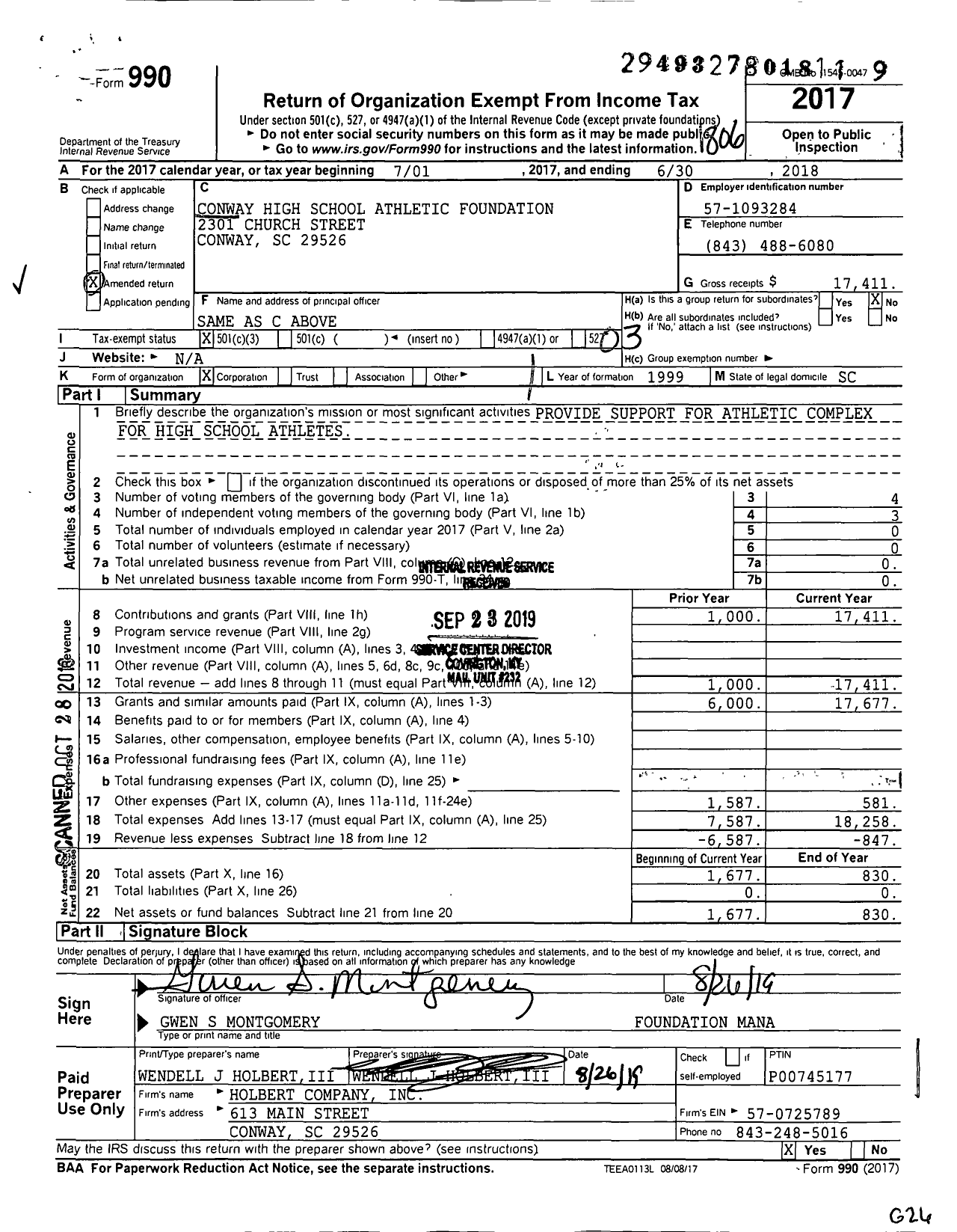 Image of first page of 2017 Form 990 for Conway High School Athletic Foundation