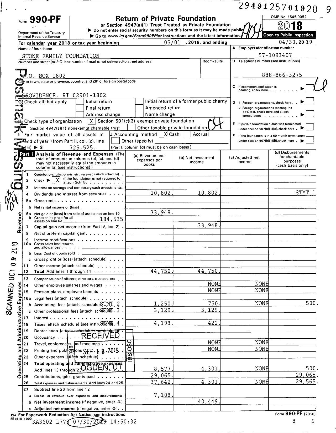 Image of first page of 2018 Form 990PF for Stone Family Foundation