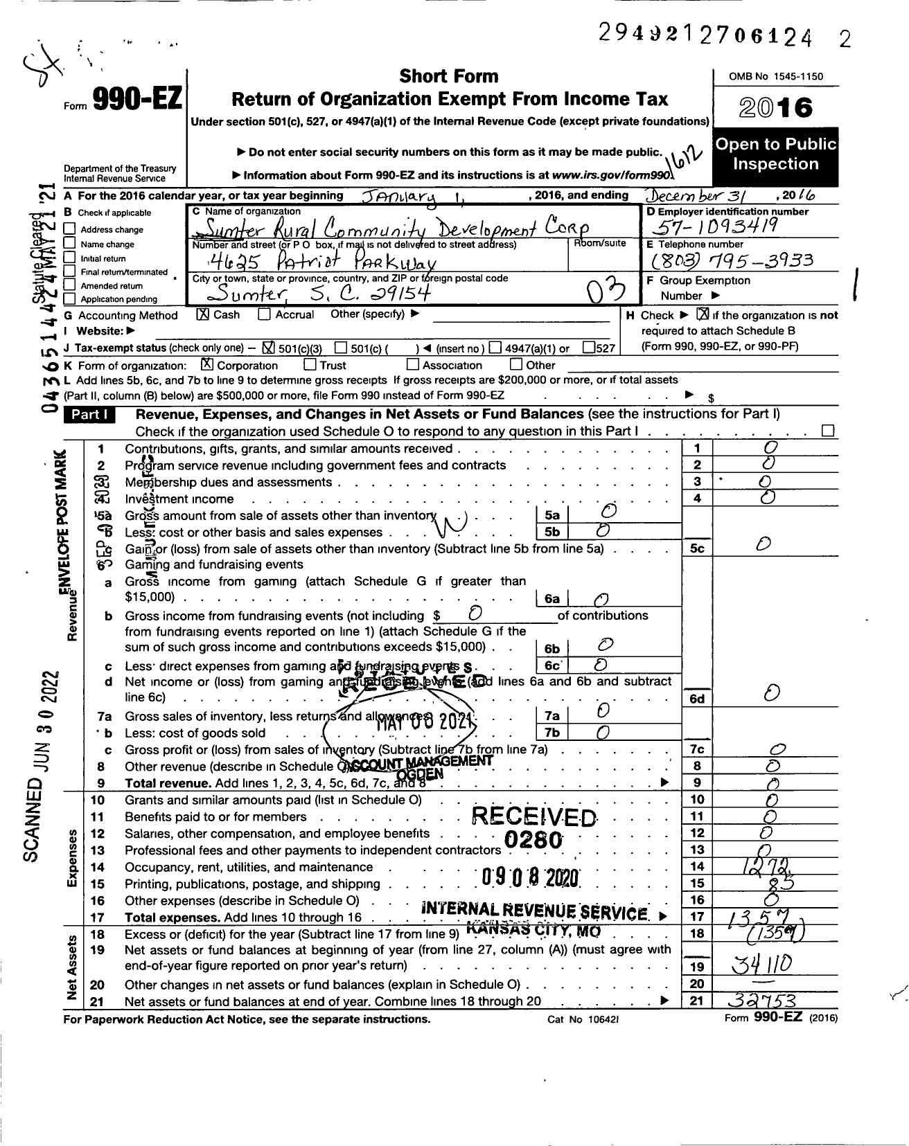 Image of first page of 2016 Form 990EZ for Sumter Rural Community Development Corporation