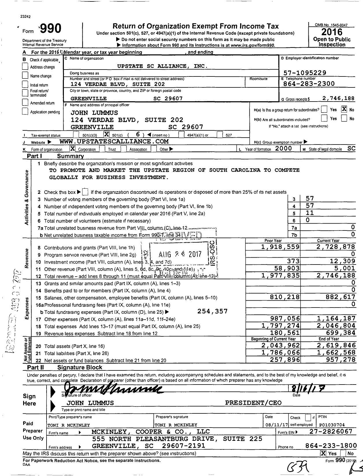 Image of first page of 2016 Form 990O for Upstate SC Alliance