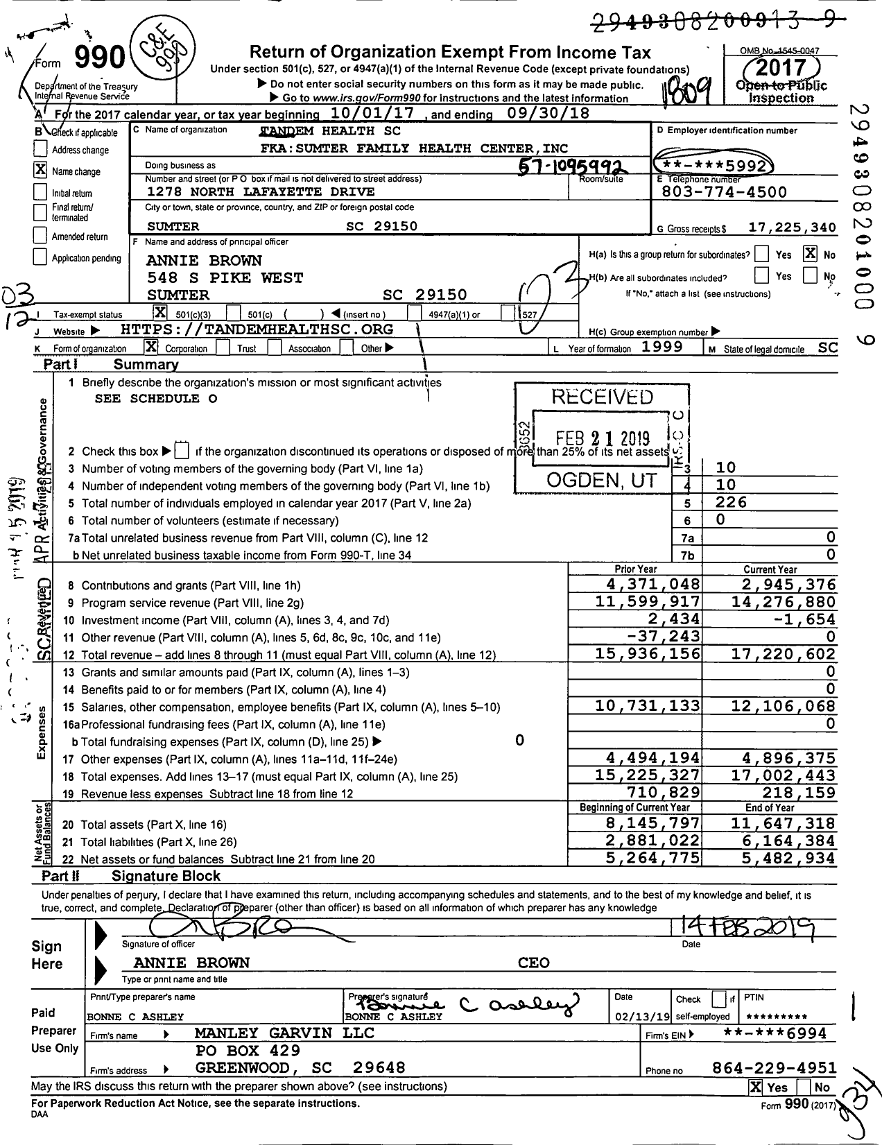 Image of first page of 2017 Form 990 for Tandem Health SC