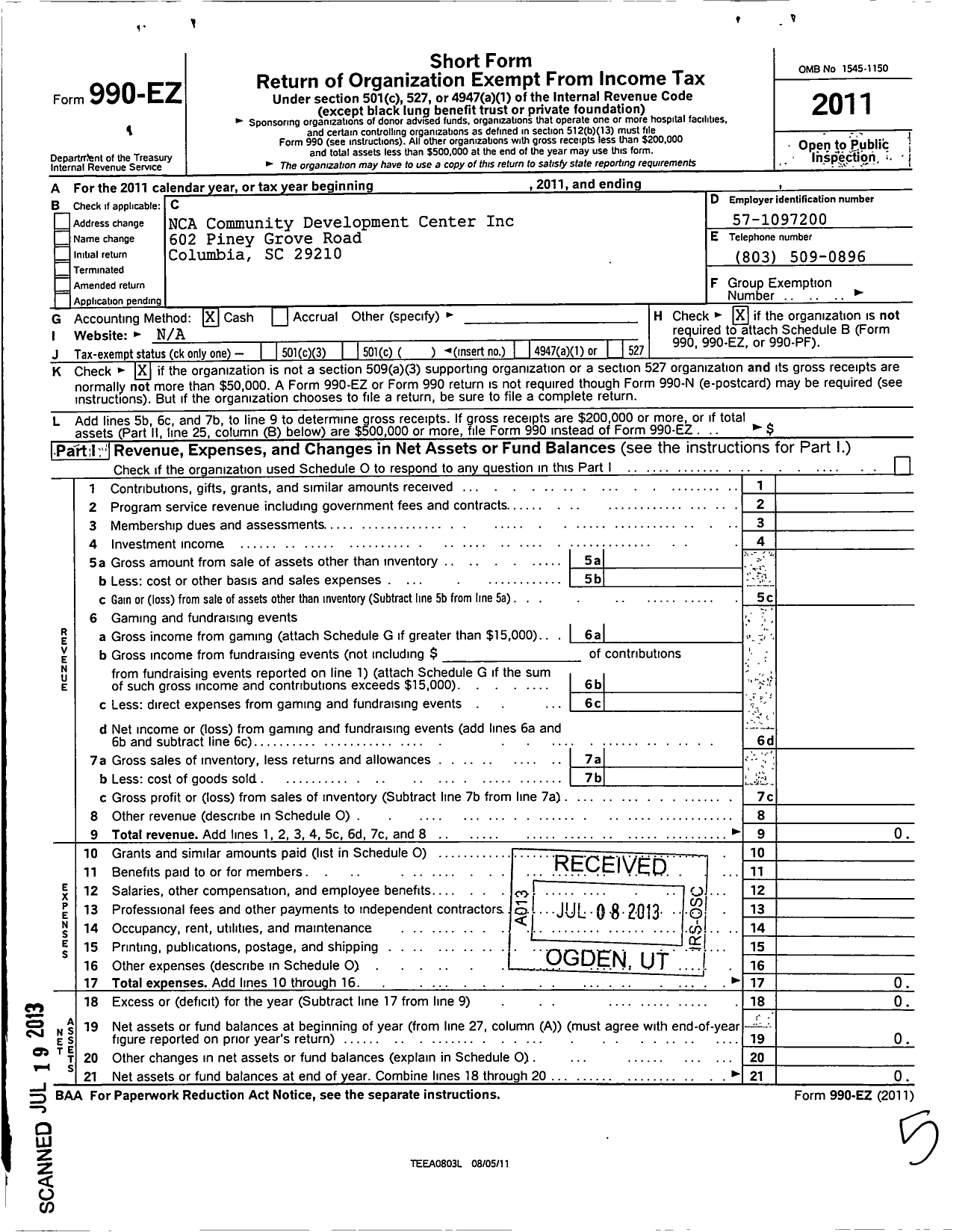 Image of first page of 2011 Form 990EO for NCA Community Development Center