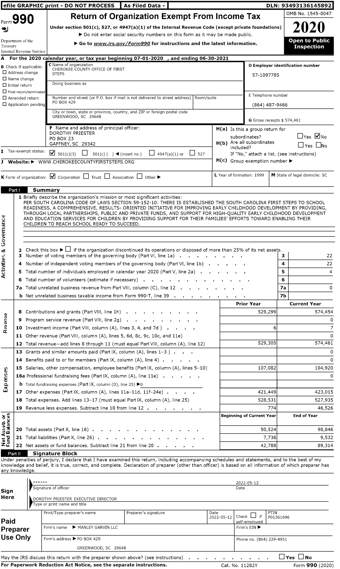 Image of first page of 2020 Form 990 for SC First Steps - Cherokee County First Steps