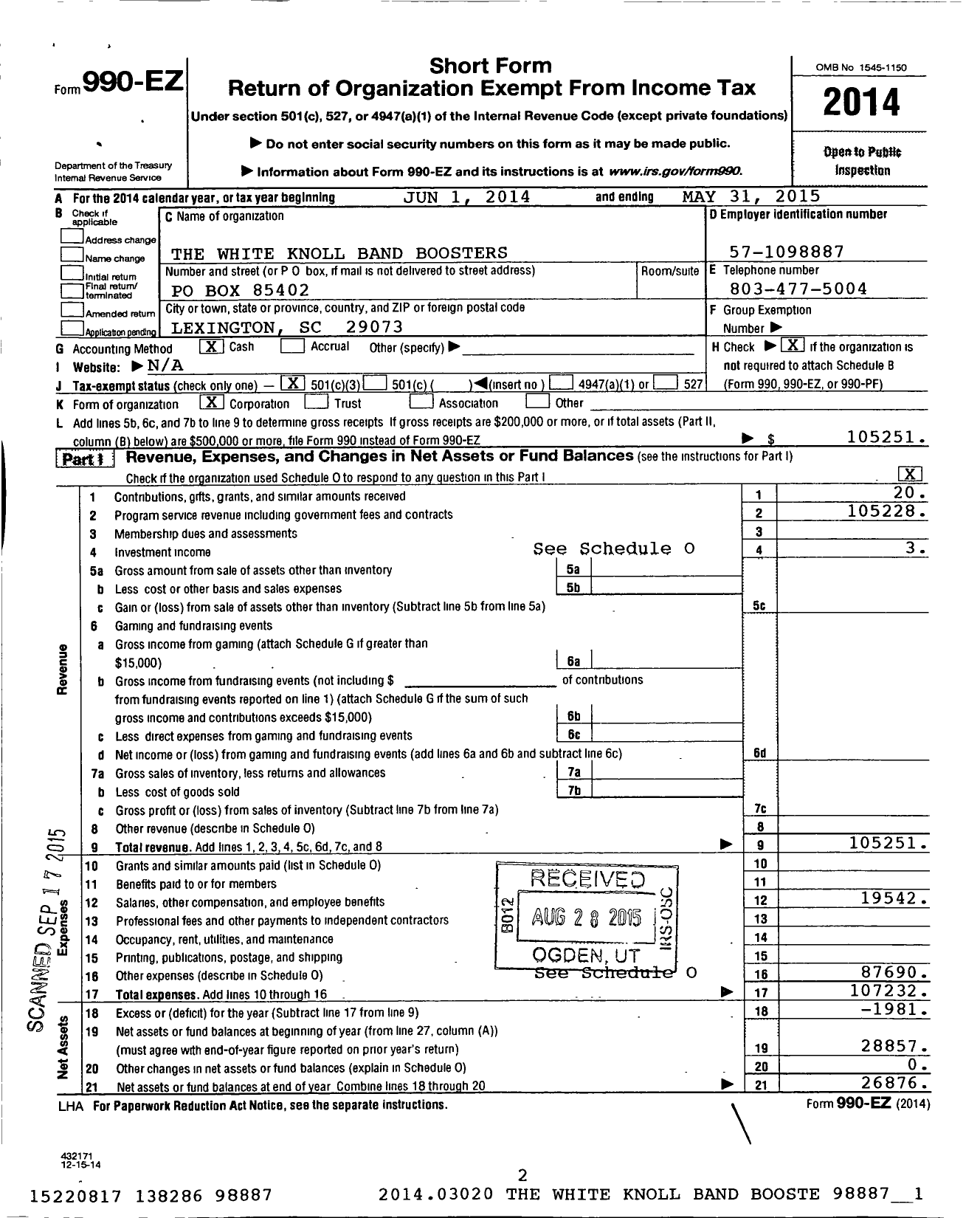 Image of first page of 2014 Form 990EZ for White Knoll Band Boosters