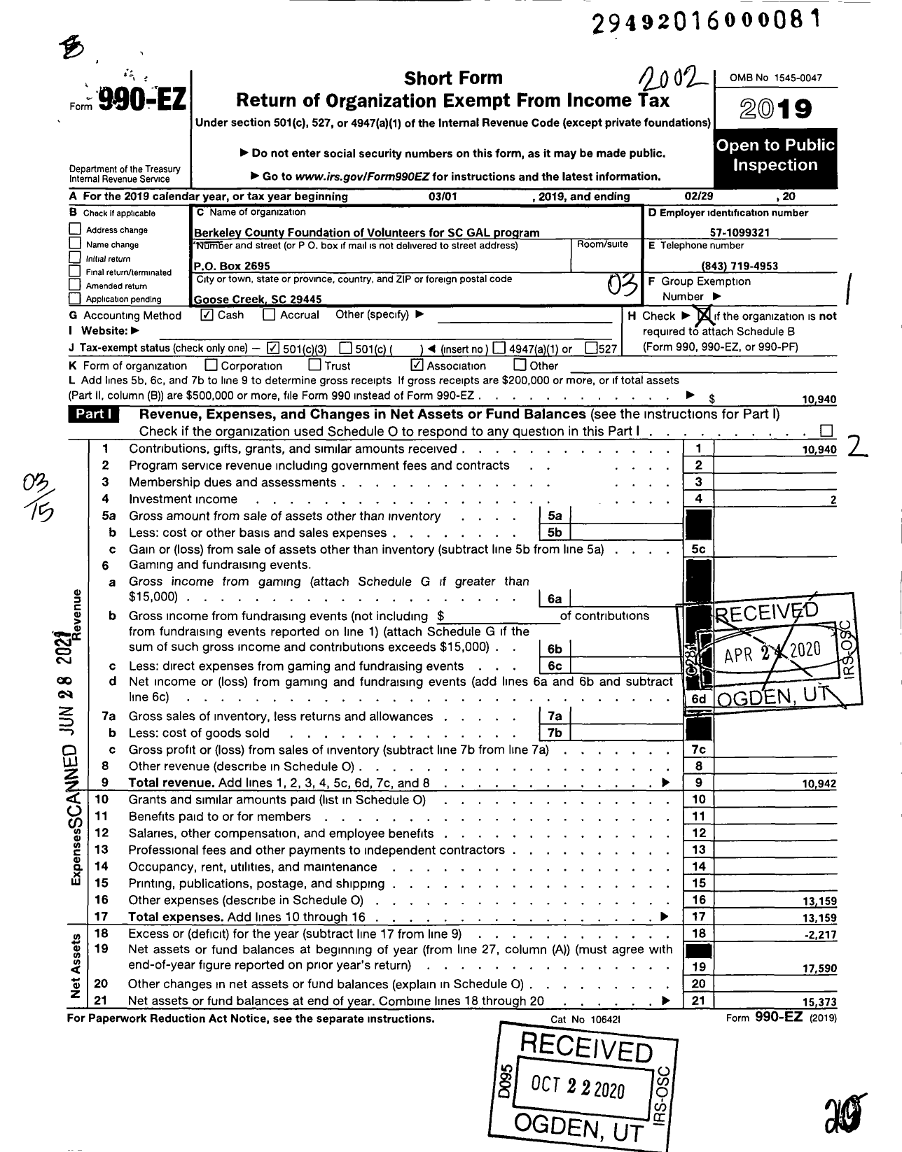 Image of first page of 2019 Form 990EZ for Berkeley County Foundation of Volunteers of the South Carolina