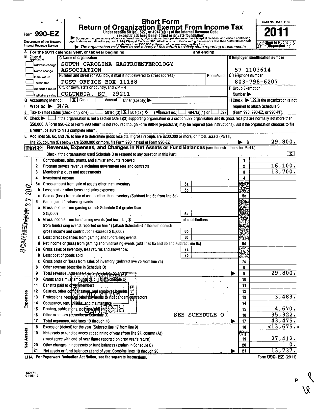 Image of first page of 2011 Form 990EO for South Carolina Gastroenterology Association