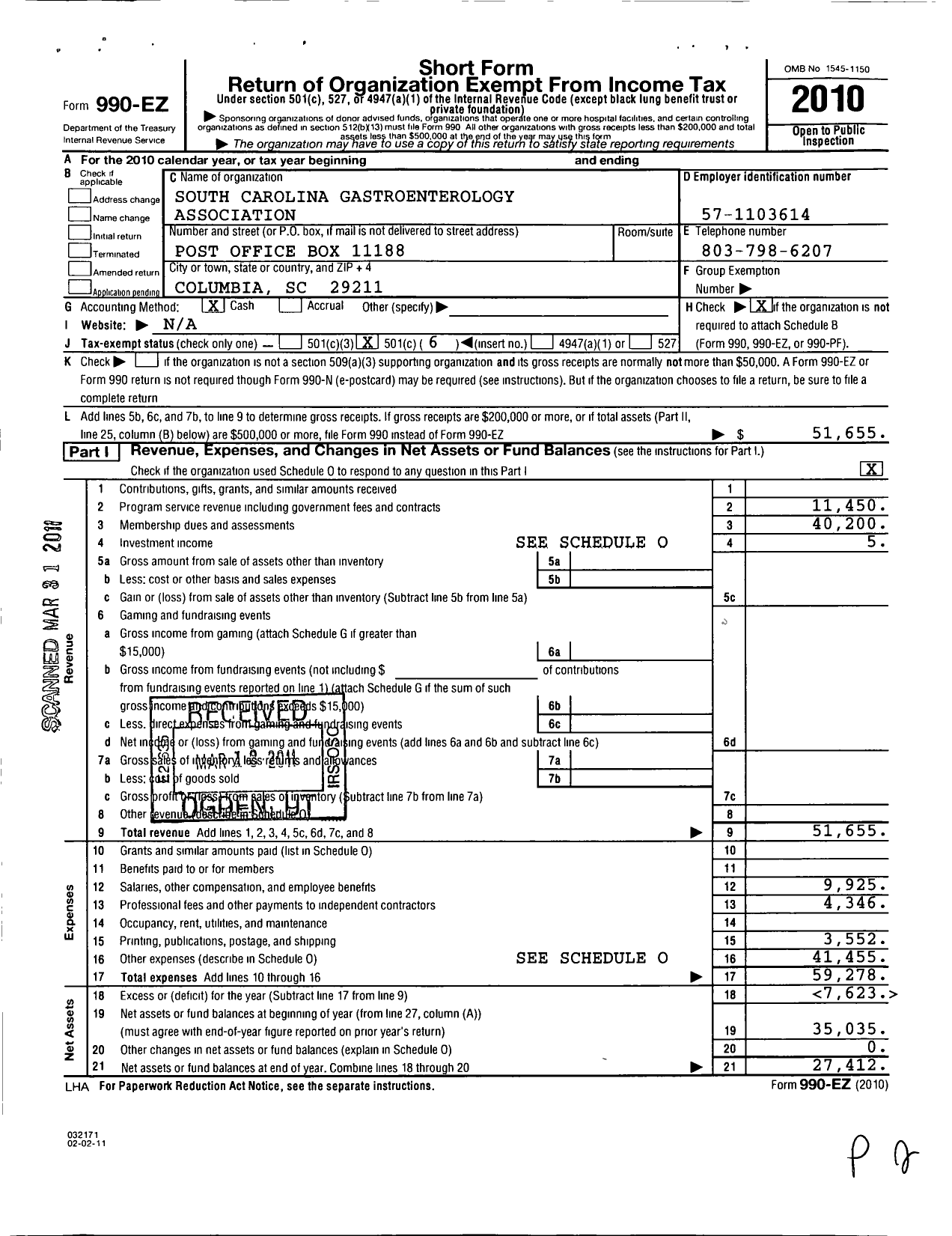 Image of first page of 2010 Form 990EO for South Carolina Gastroenterology Association