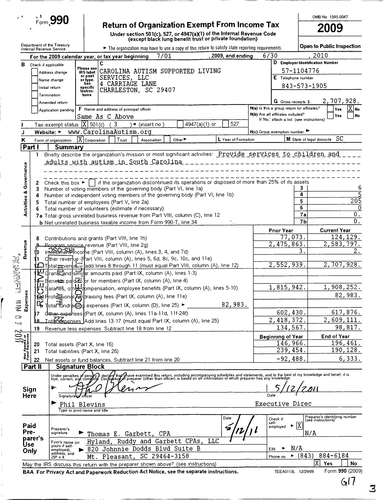 Image of first page of 2009 Form 990 for Carolina Autism Supported Living Services