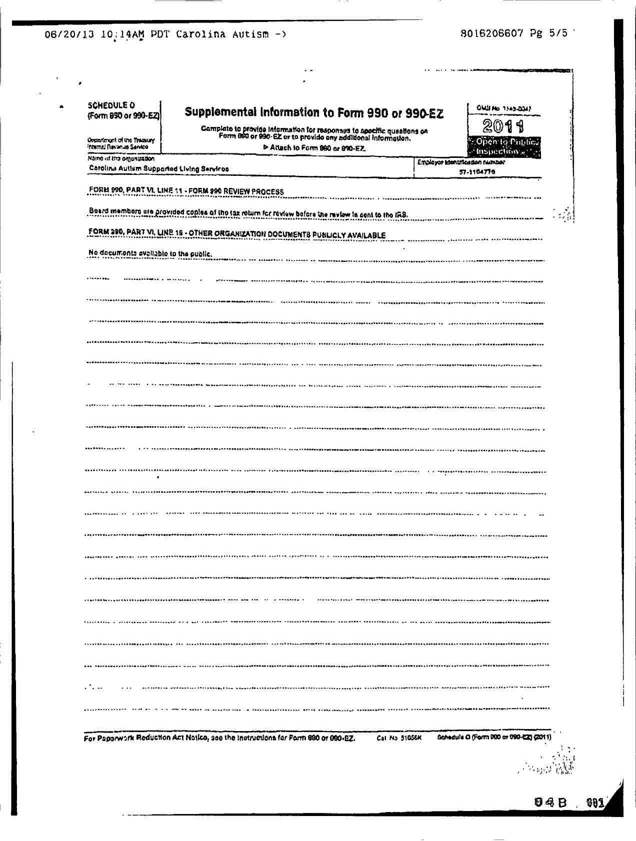 Image of first page of 2011 Form 990R for Carolina Autism Supported Living Services