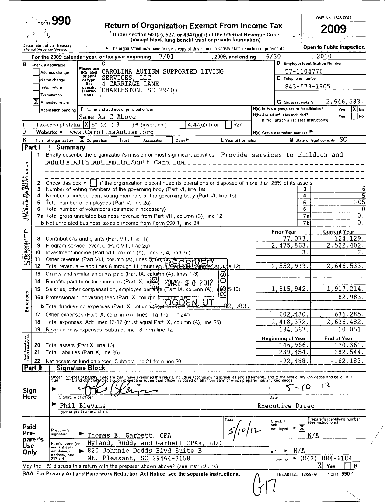 Image of first page of 2009 Form 990 for Carolina Autism Supported Living Services