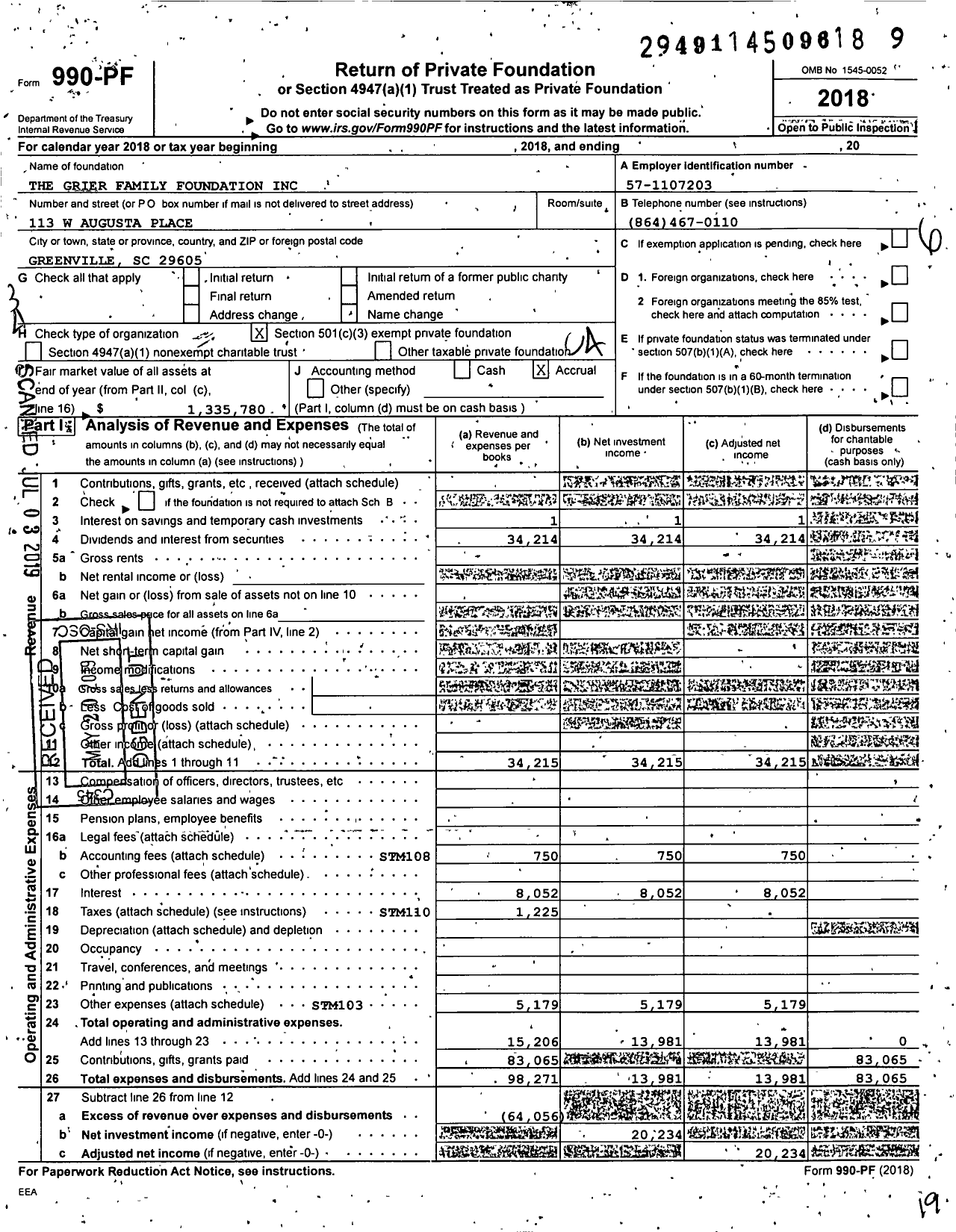 Image of first page of 2018 Form 990PF for The Grier Family Foundation