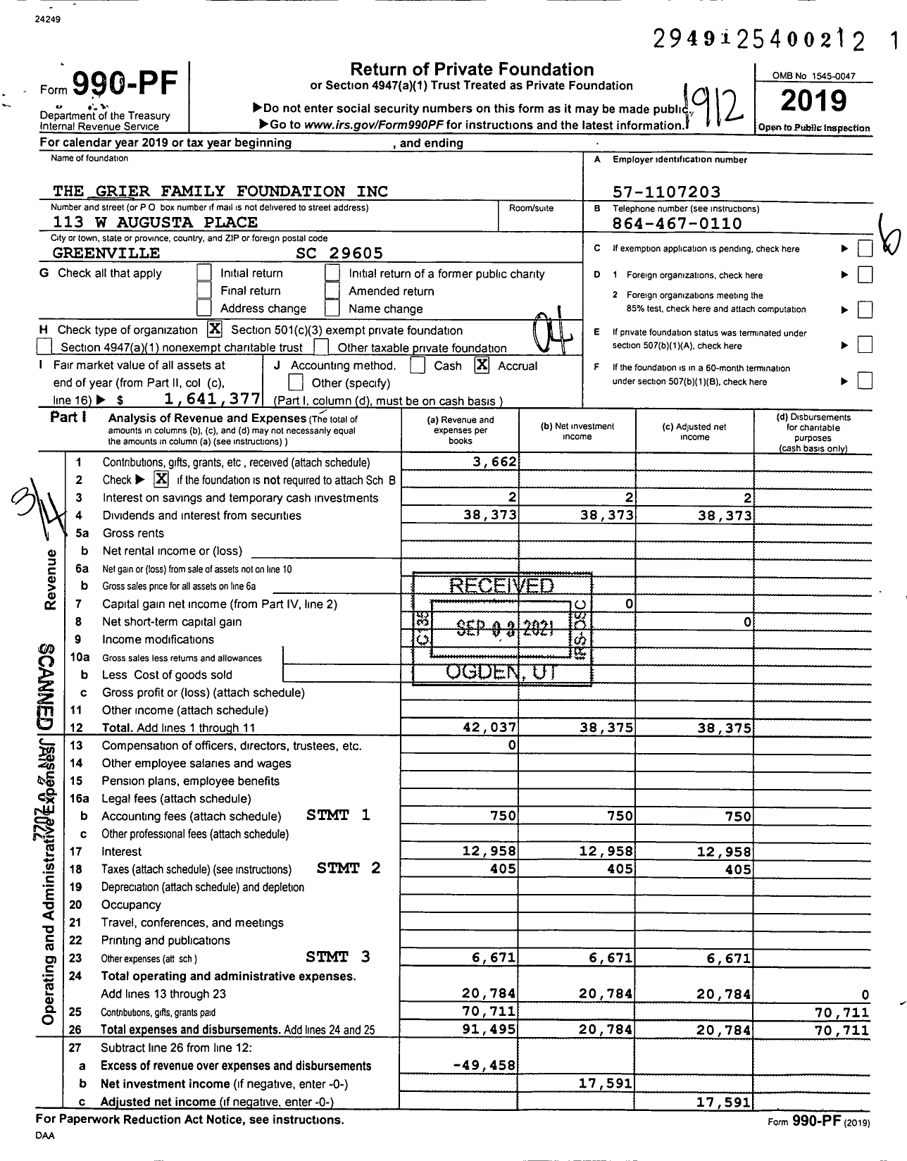 Image of first page of 2019 Form 990PF for The Grier Family Foundation