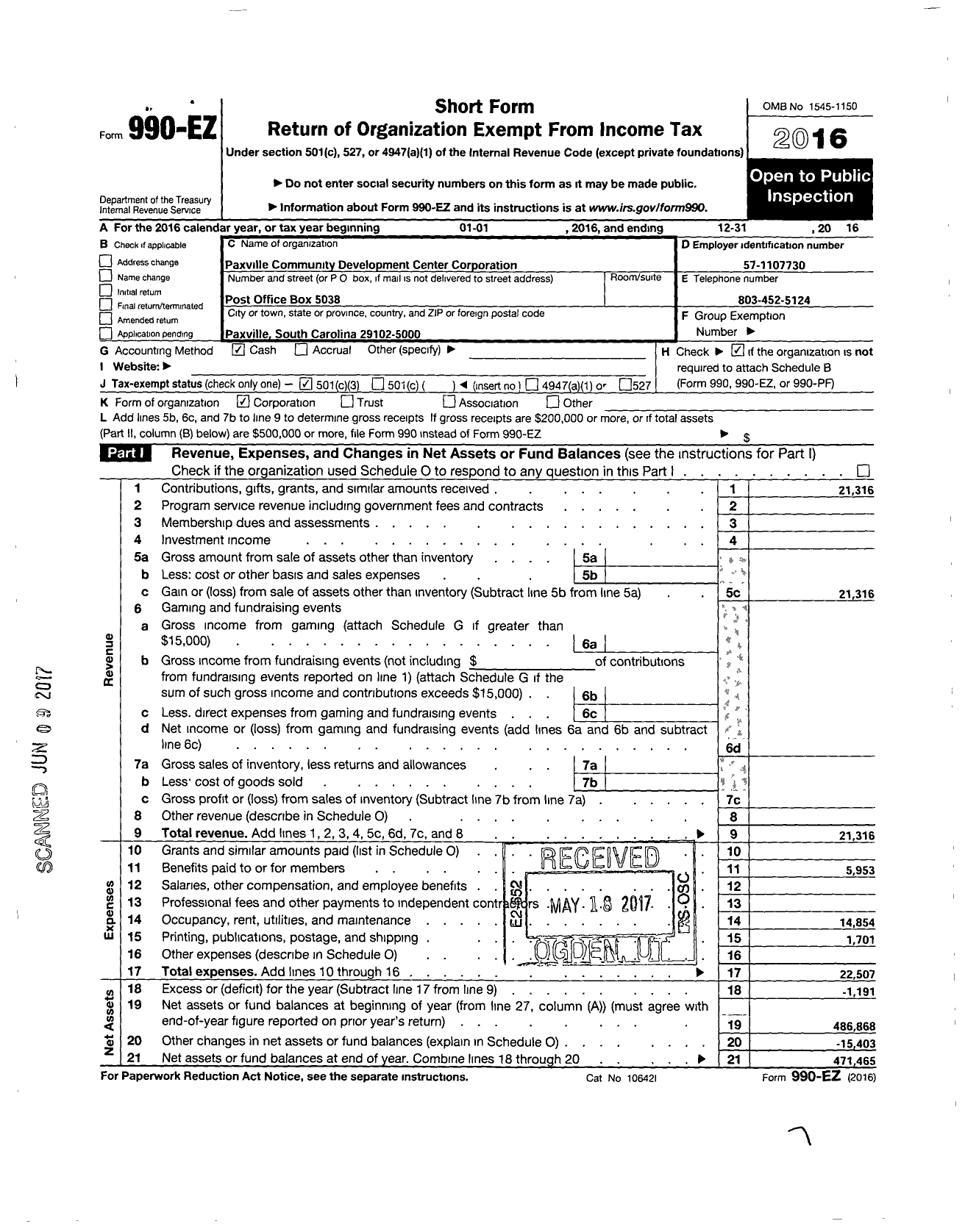 Image of first page of 2016 Form 990EZ for Paxville Community Development Center Corporation