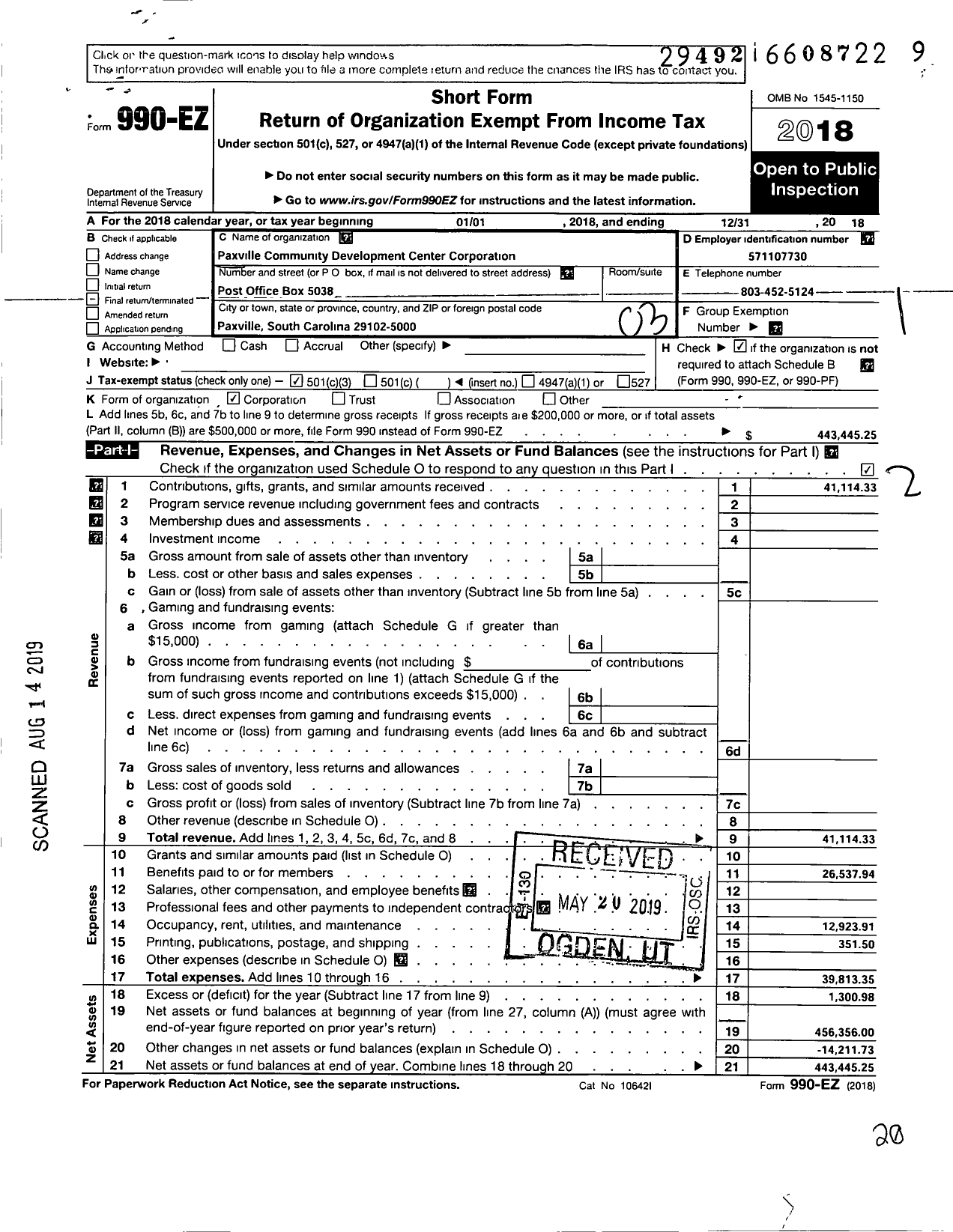 Image of first page of 2018 Form 990EZ for Paxville Community Development Center Corporation