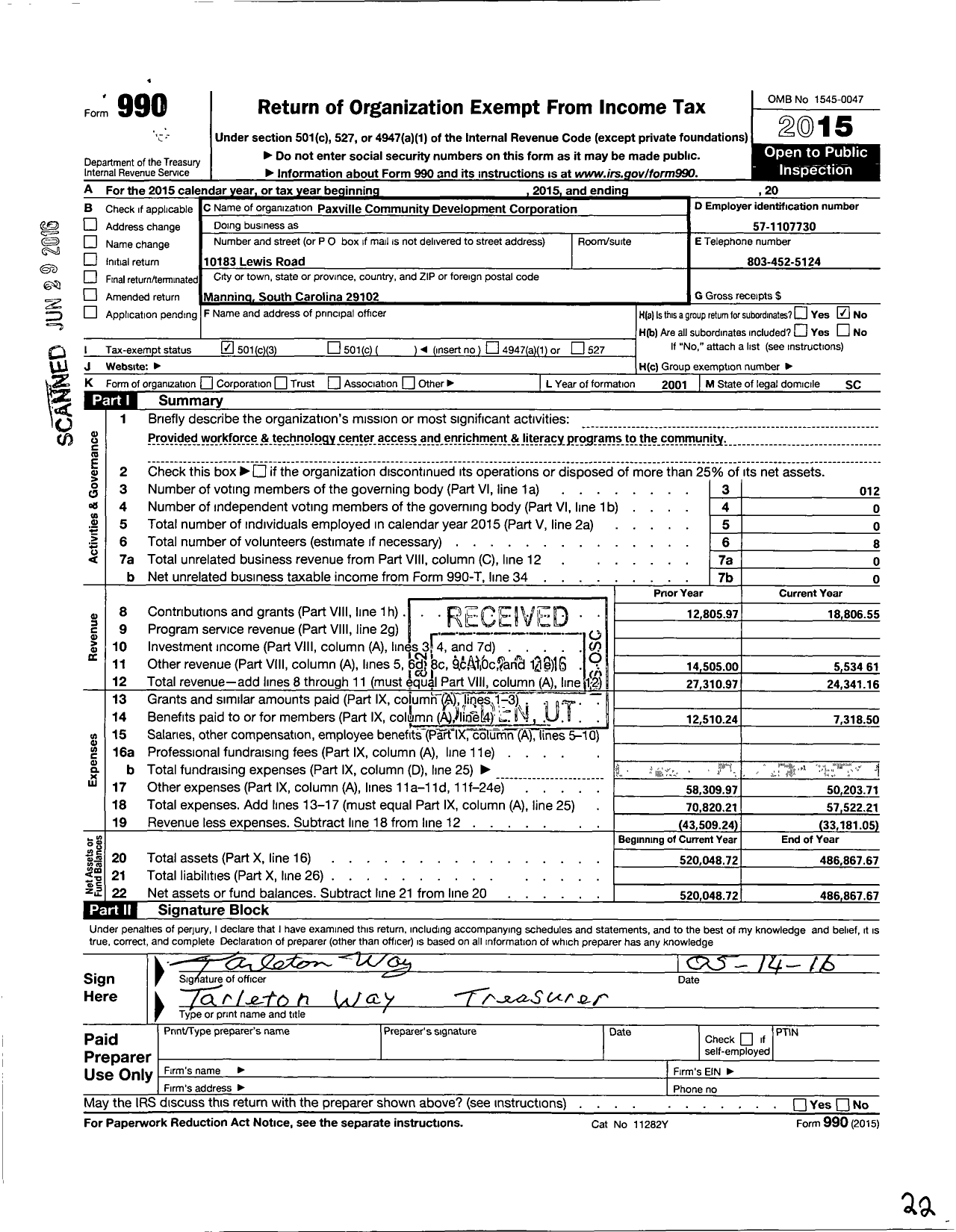 Image of first page of 2015 Form 990 for Paxville Community Development Center Corporation