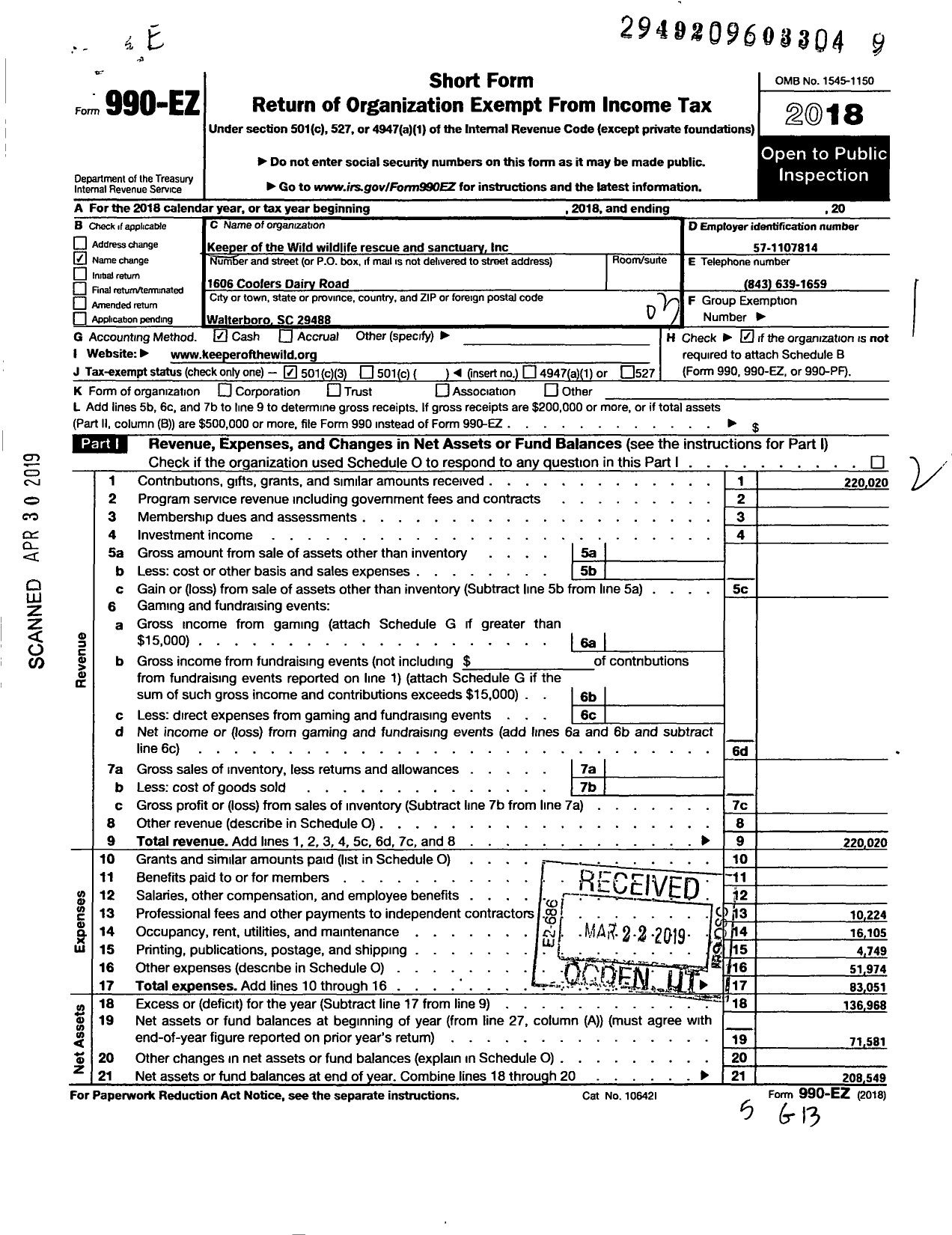 Image of first page of 2018 Form 990EZ for Keeper of the Wild Wildlife Re and Sanctuary