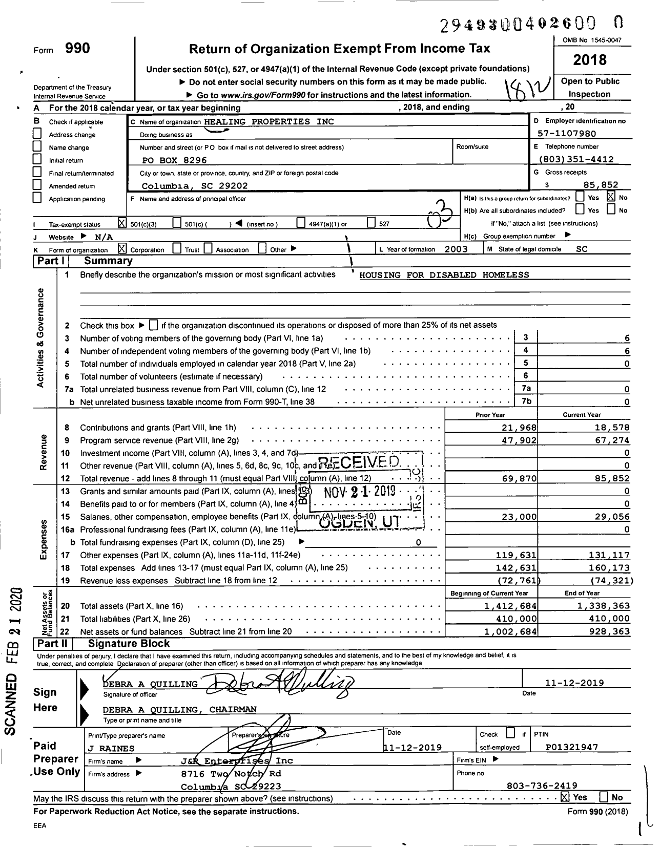 Image of first page of 2018 Form 990 for Healing Properties