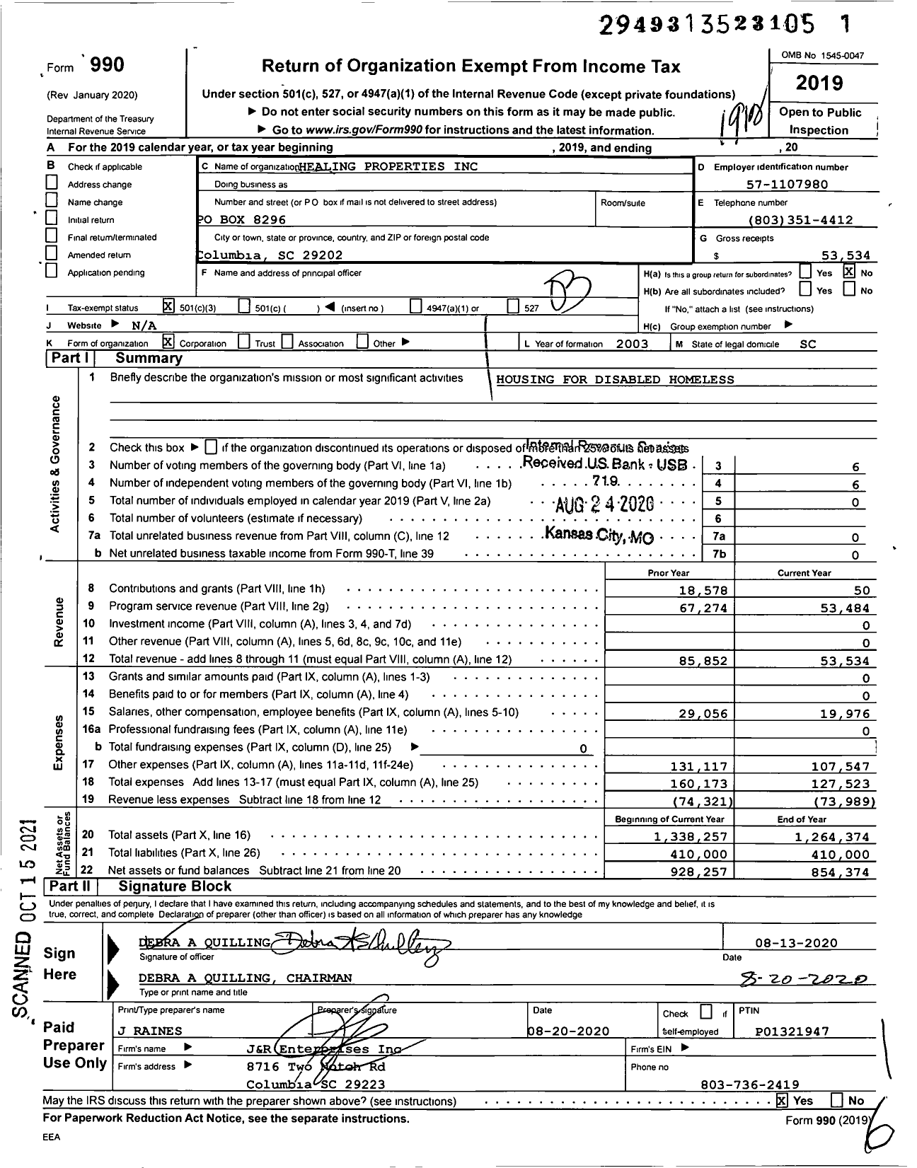 Image of first page of 2019 Form 990 for Healing Properties