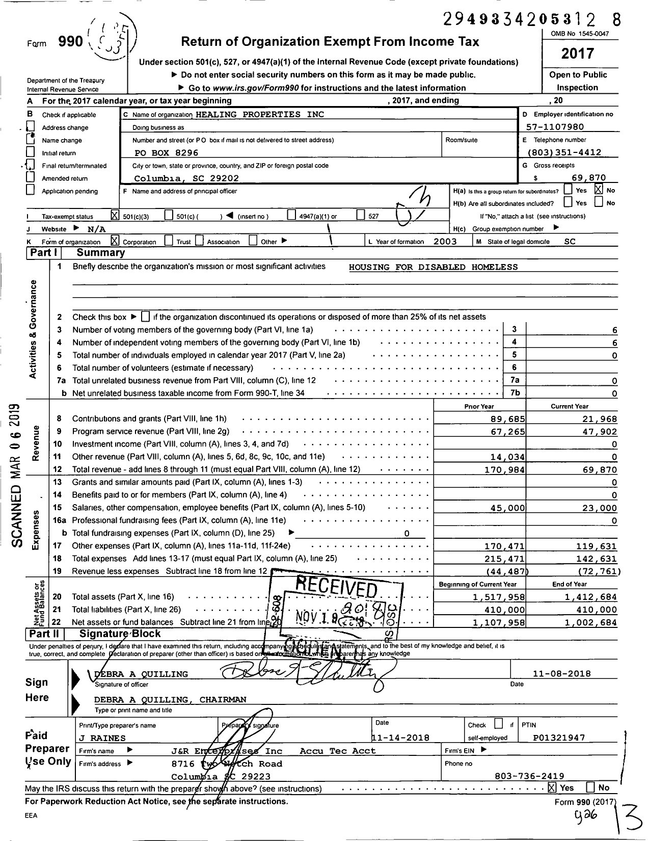 Image of first page of 2017 Form 990 for Healing Properties