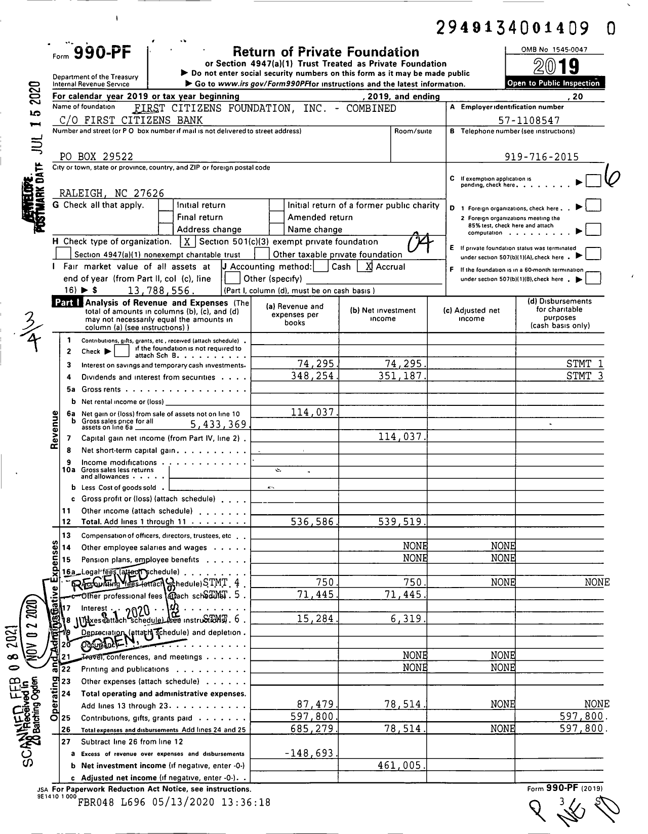 Image of first page of 2019 Form 990PF for First Citizens Foundation