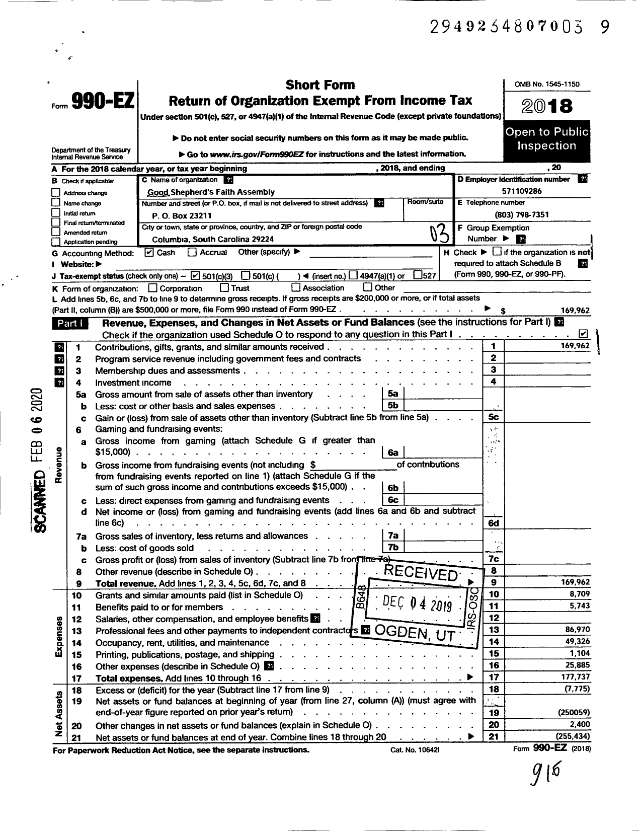 Image of first page of 2018 Form 990EZ for Good Shepherds Faith Assembly