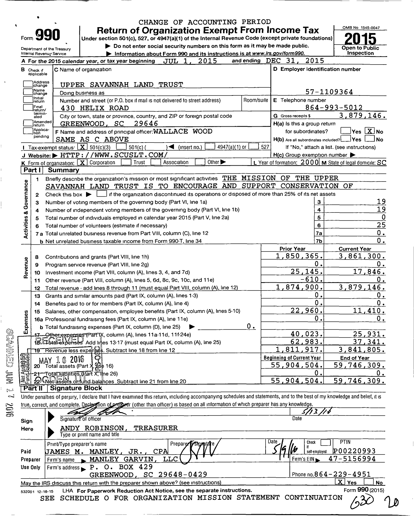 Image of first page of 2015 Form 990 for Upper Savannah Land Trust