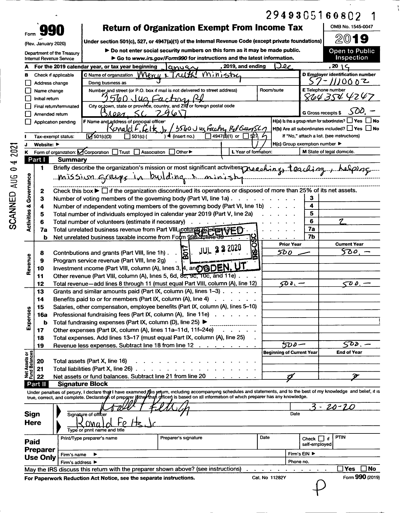 Image of first page of 2019 Form 990 for Mercy and Truth Ministry