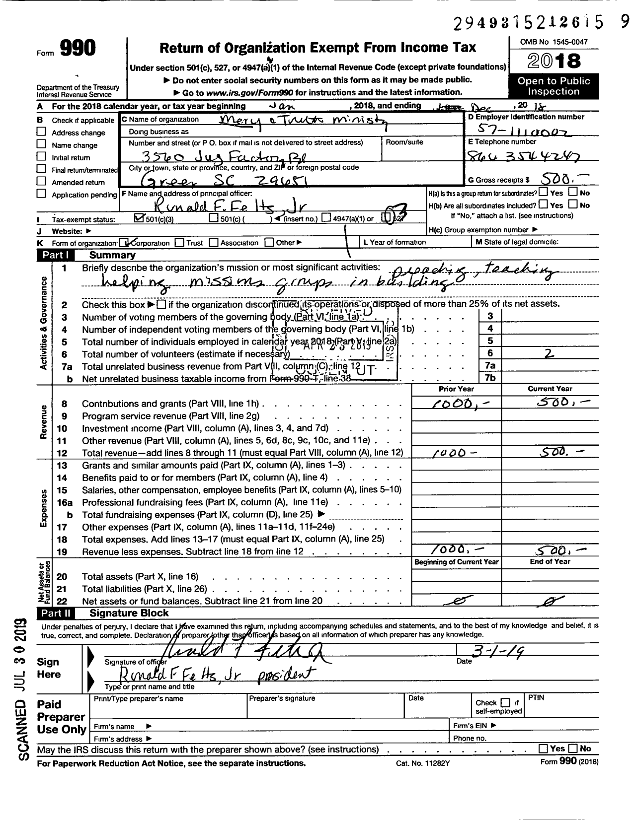 Image of first page of 2018 Form 990 for Mercy and Truth Ministry