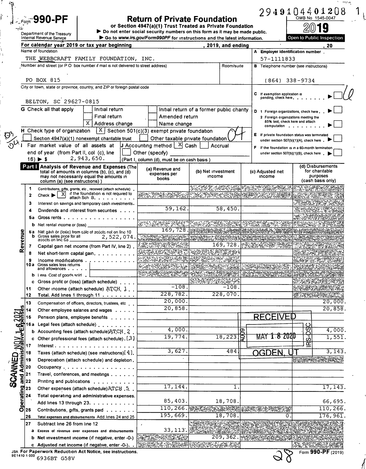 Image of first page of 2019 Form 990PF for The Webbcraft Family Foundation