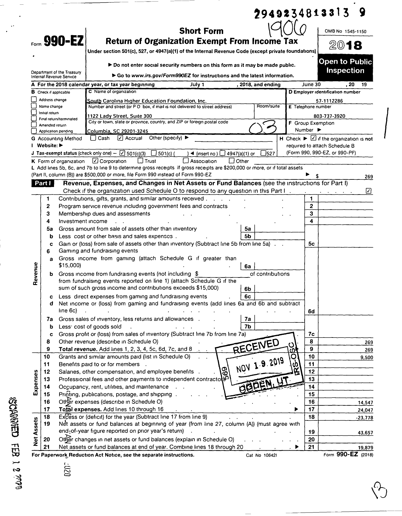 Image of first page of 2018 Form 990EZ for South Carolina Higher Education Foundation