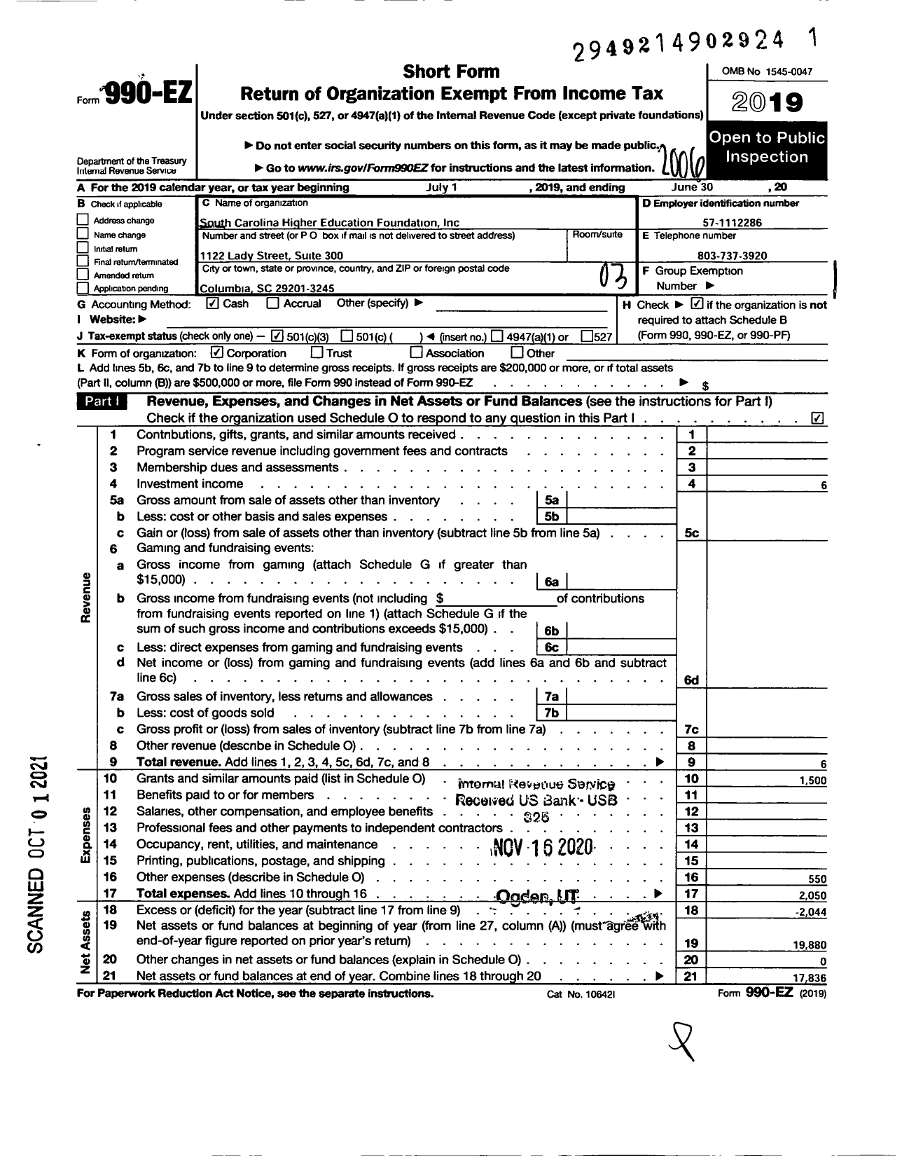 Image of first page of 2019 Form 990EZ for South Carolina Higher Education Foundation