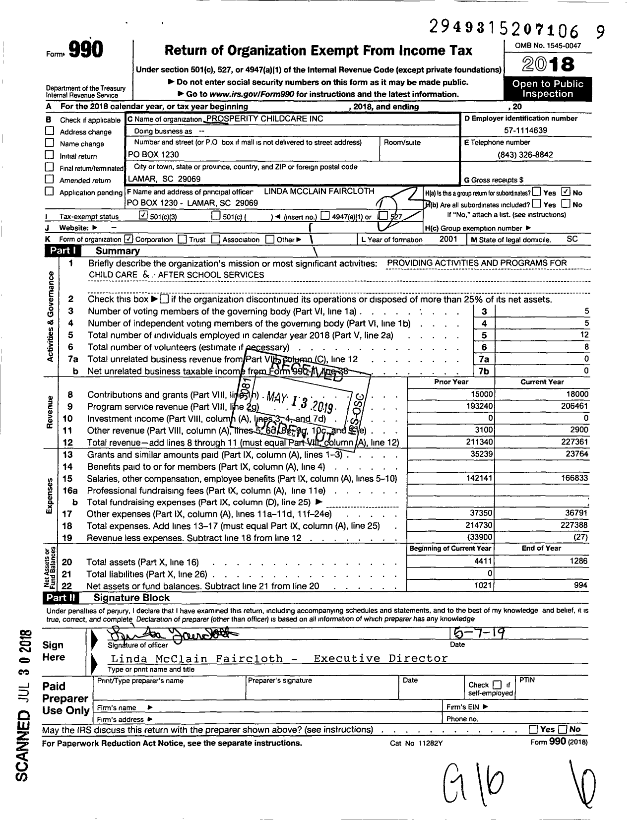 Image of first page of 2018 Form 990 for Prosperity Childcare