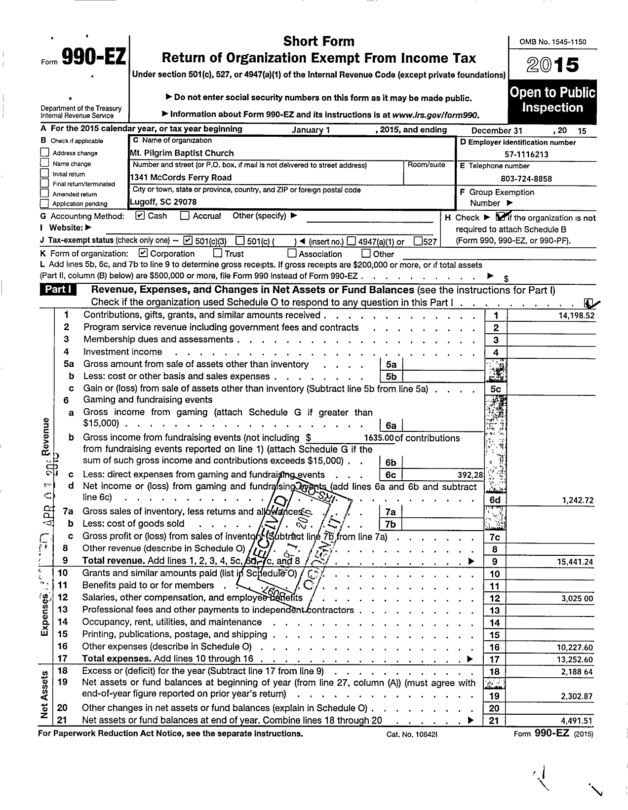 Image of first page of 2015 Form 990EZ for MT Pilgrim Foundation