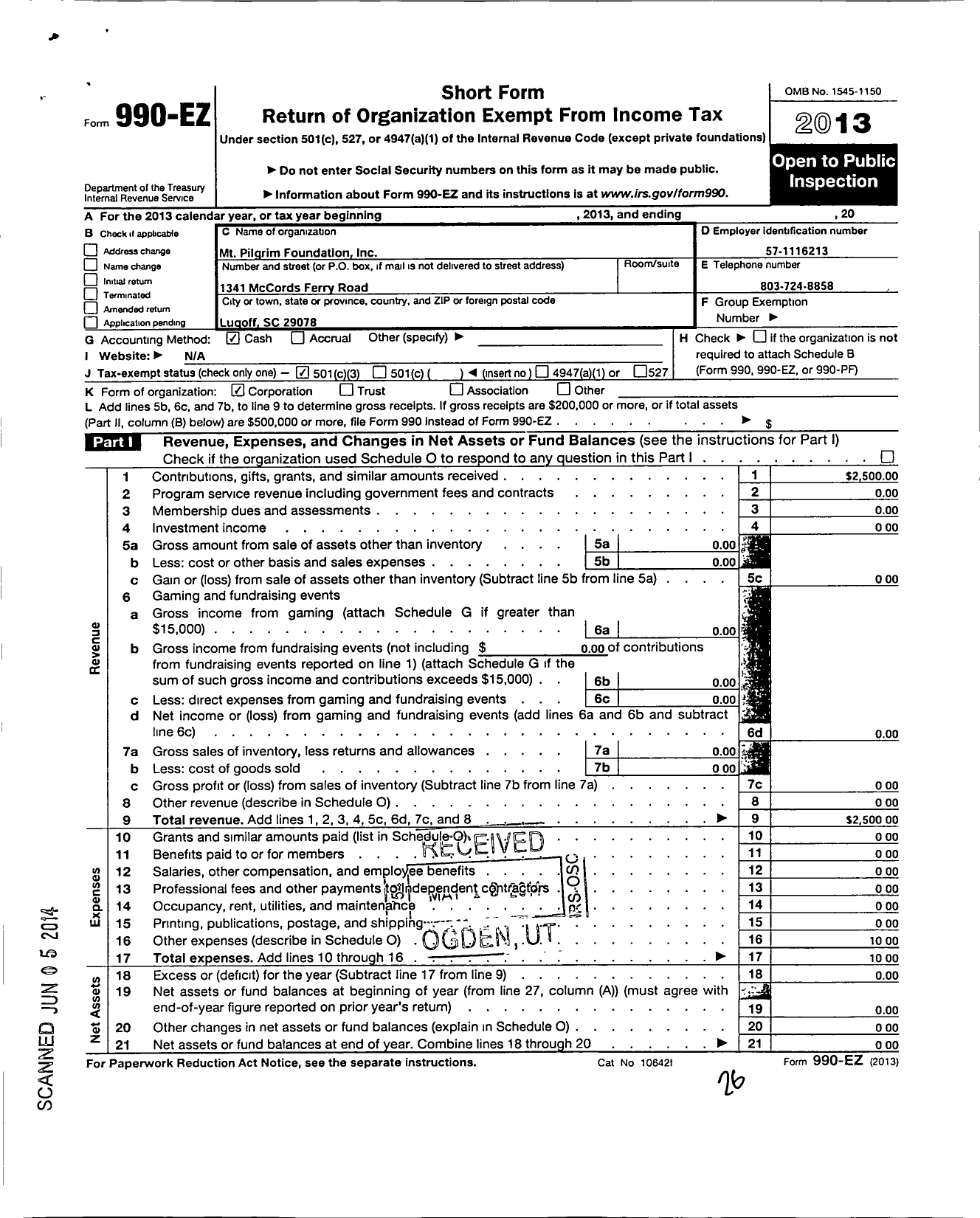 Image of first page of 2013 Form 990EZ for MT Pilgrim Foundation