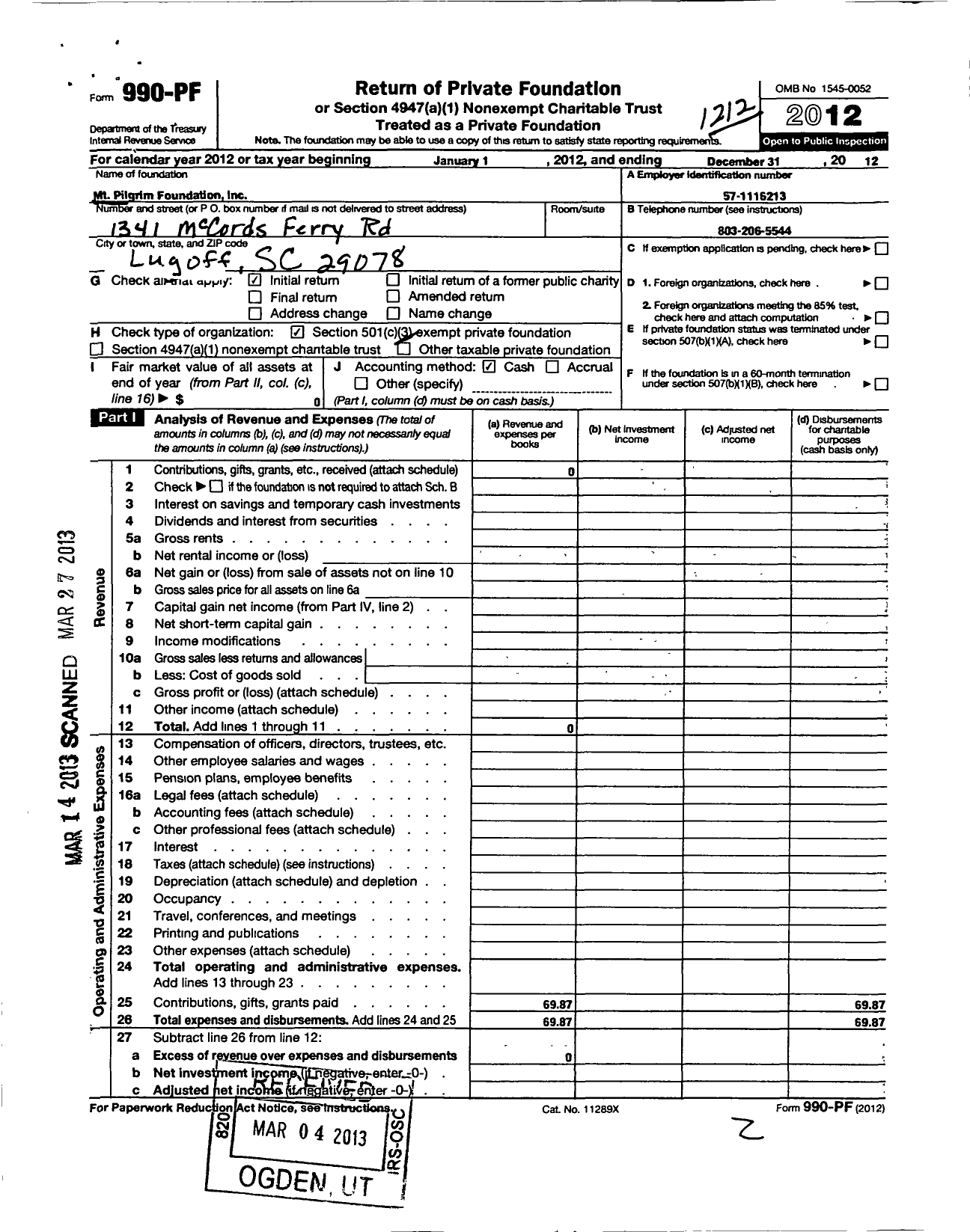 Image of first page of 2012 Form 990PF for MT Pilgrim Foundation