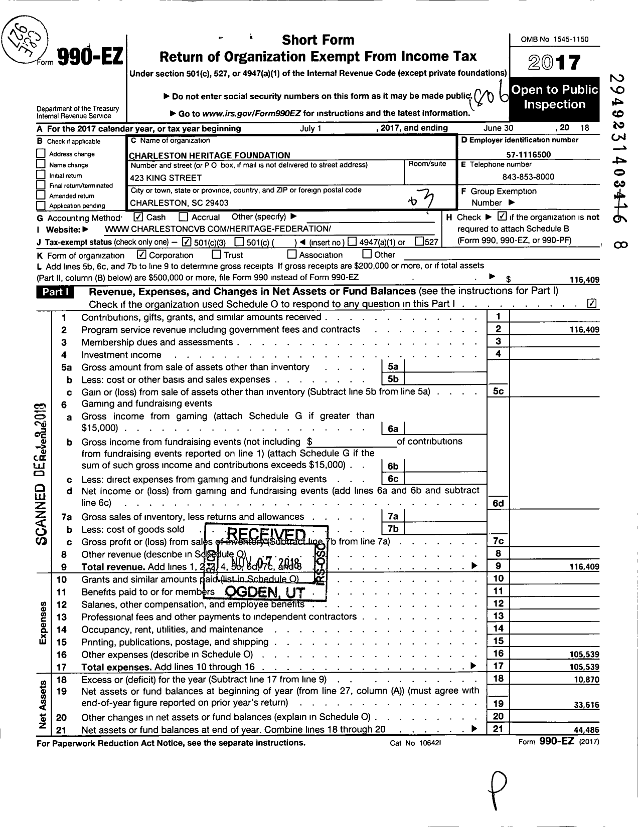 Image of first page of 2017 Form 990EZ for Charleston Heritage Foundation