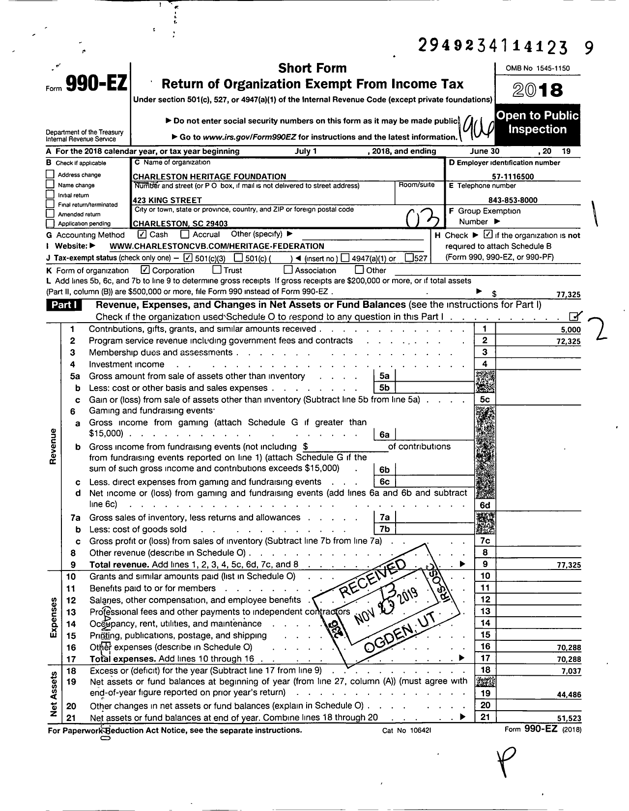 Image of first page of 2018 Form 990EZ for Charleston Heritage Foundation