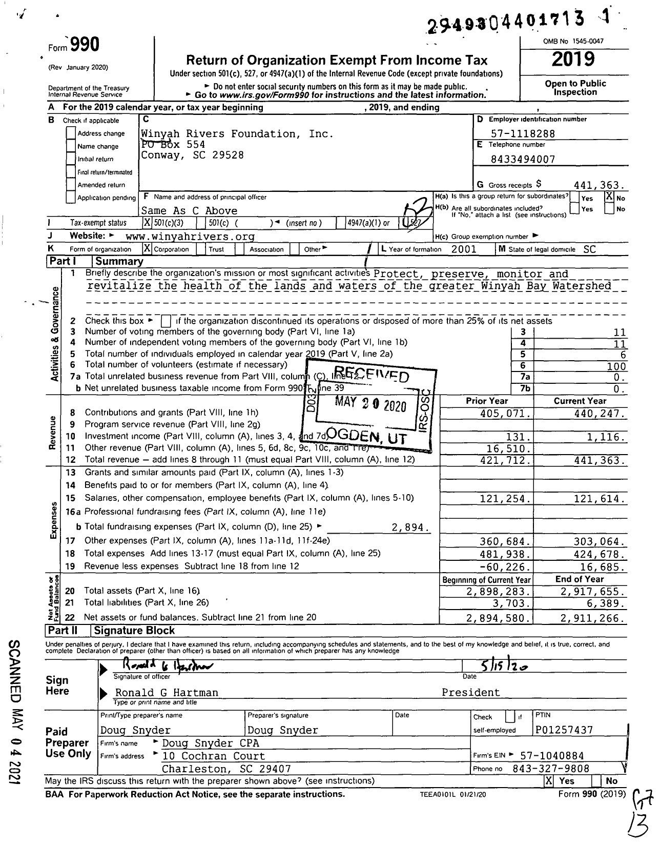 Image of first page of 2019 Form 990 for Winyah Rivers Alliance