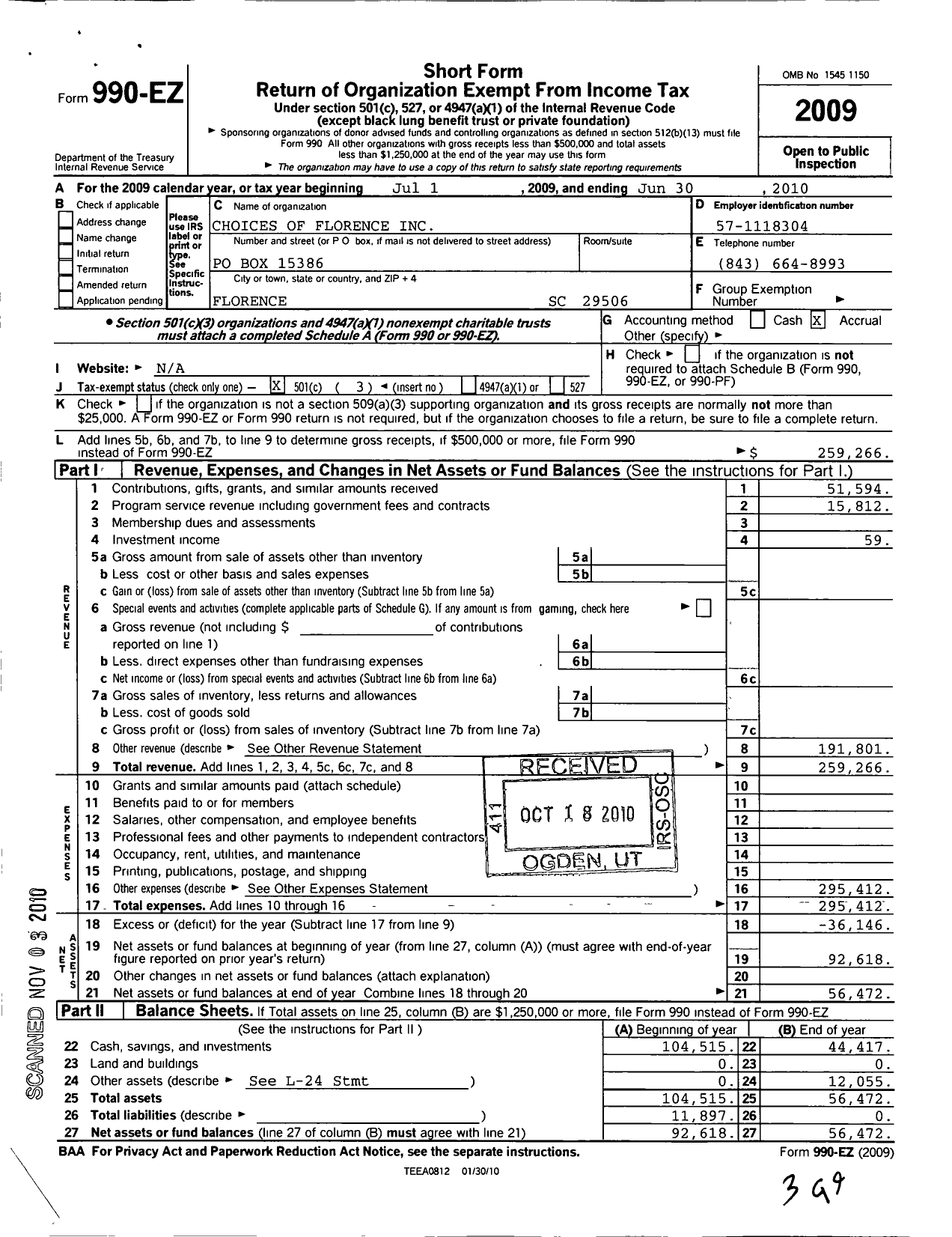 Image of first page of 2009 Form 990EZ for Choices of Florence