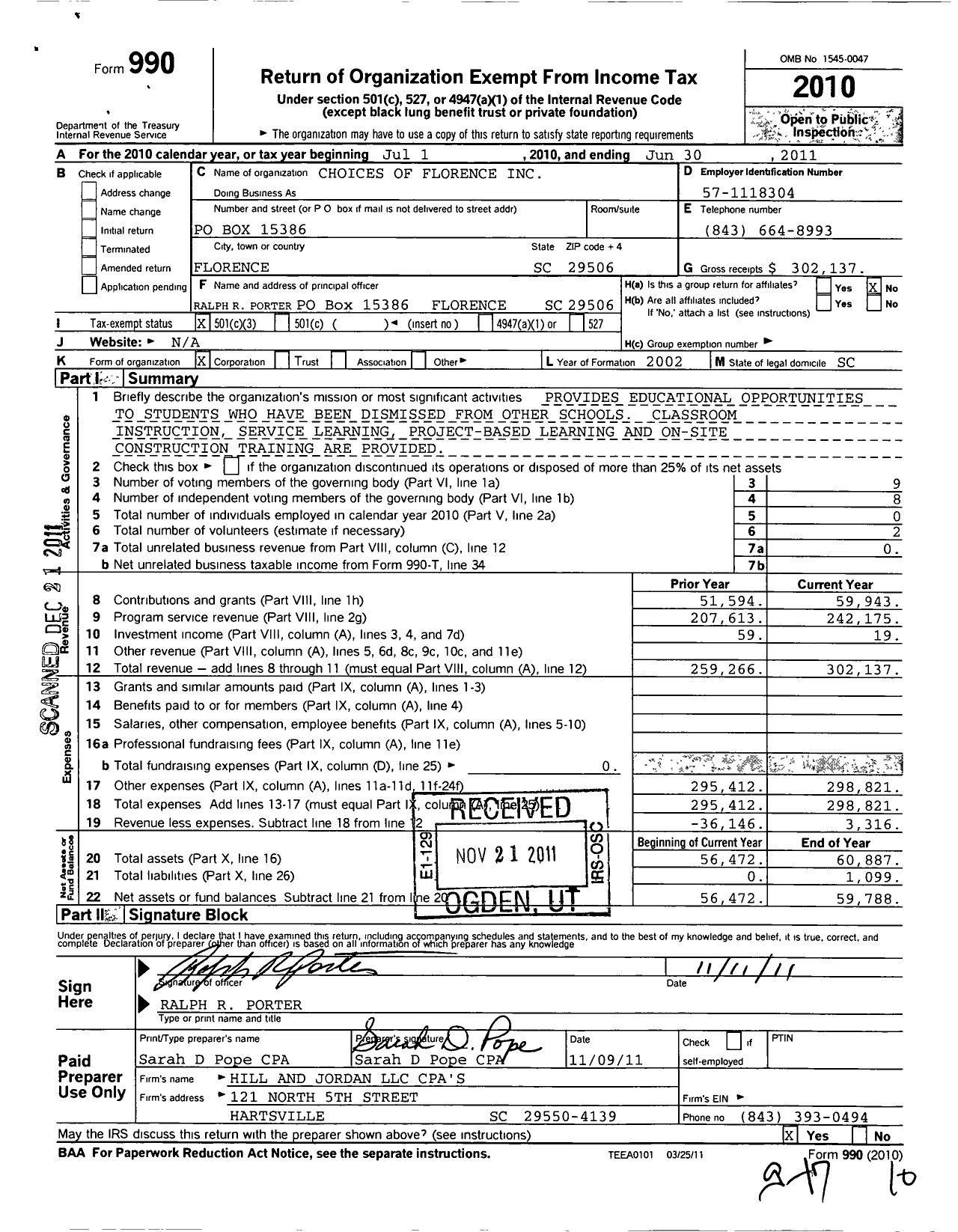 Image of first page of 2010 Form 990 for Choices of Florence