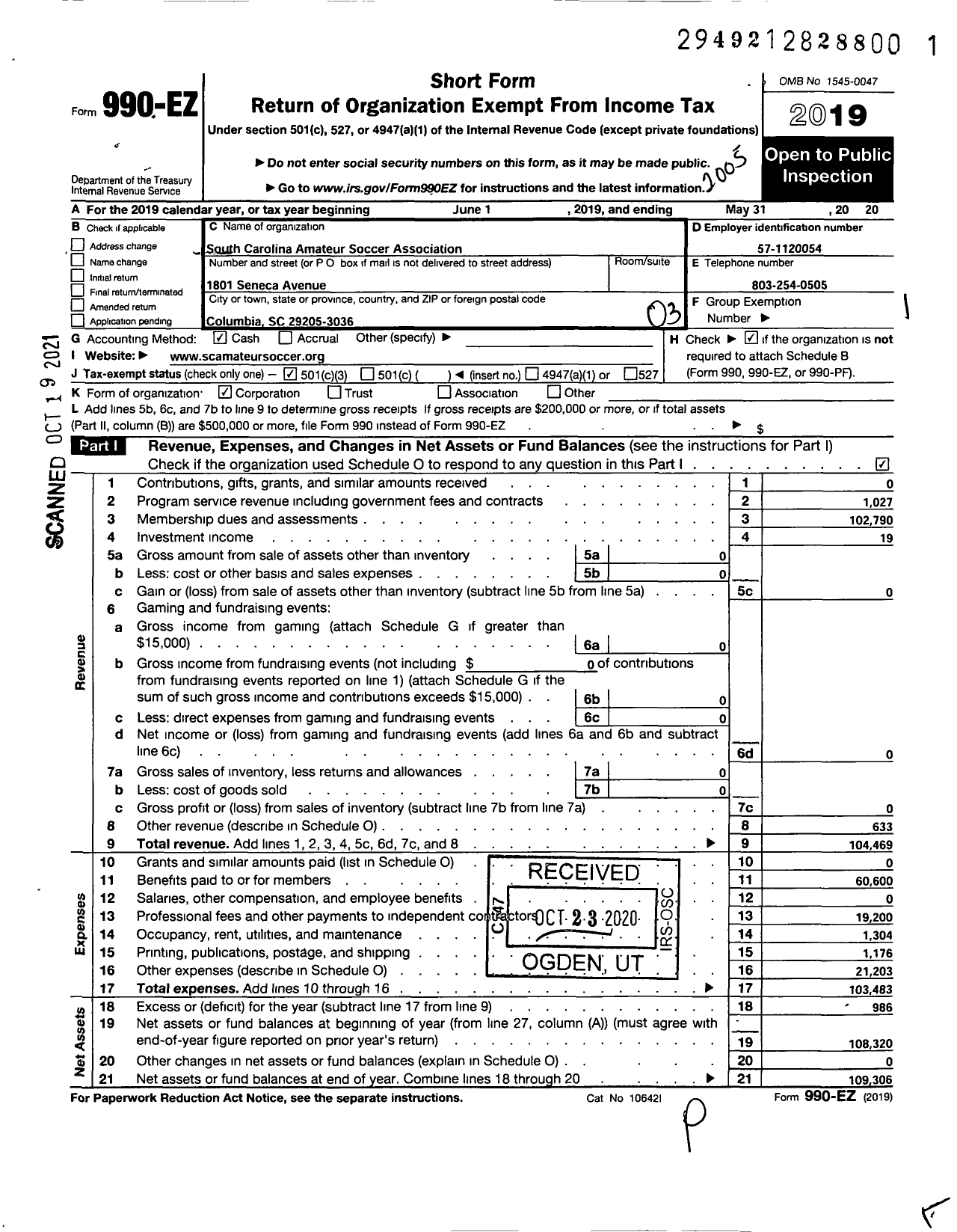 Image of first page of 2019 Form 990EZ for South Carolina Amateur Soccer Association (SCASA)